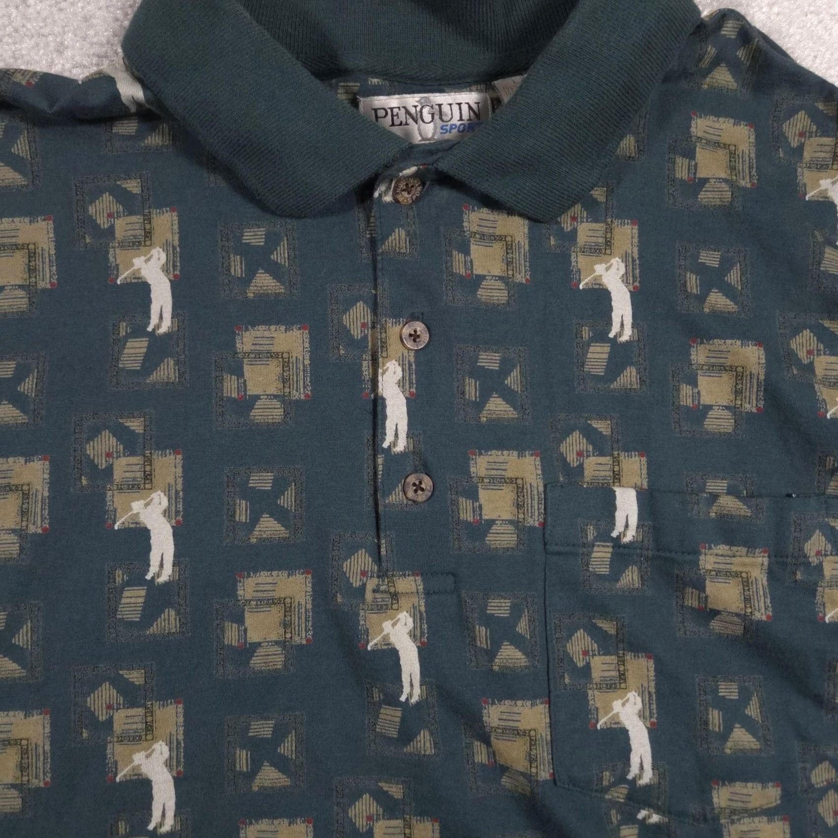 Vintage Penguin Sport Polo Shirt Mens L Green Golf Graphic Allover Pocket Cotton Shirt Size US L / EU 52-54 / 3 - 3 Thumbnail