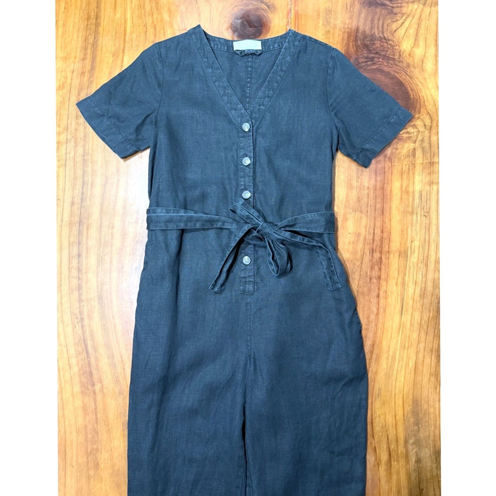 Everlane VINTAGE? No. Everlane Jumpsuit Women's Linen Button Tie waist Short sleeve L26 Black Knit One-Piece Crew Neck Size 25" / US 0 / IT 36 - 2 Thumbnail