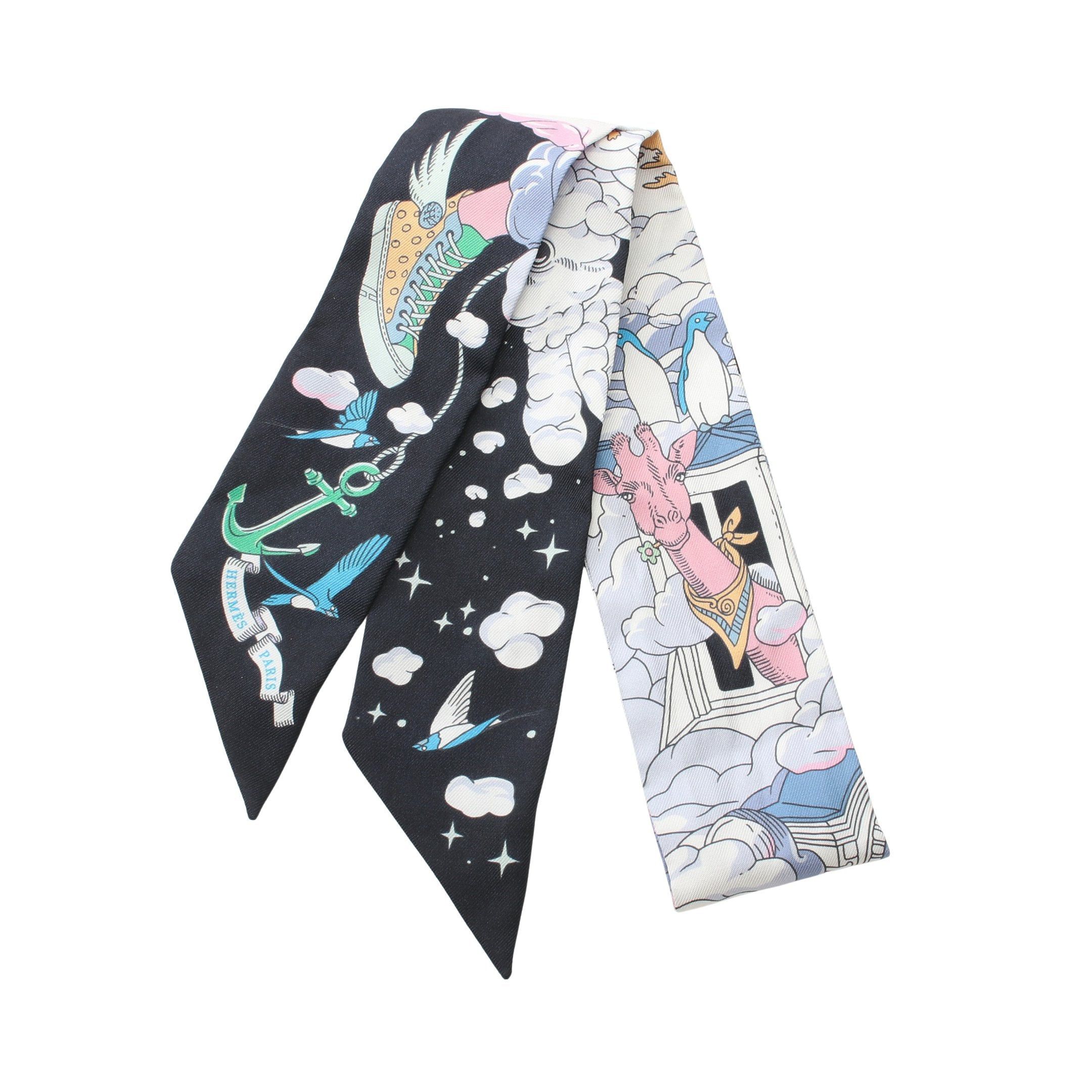 Hermes Hermes Twilly Sur Mon Nuage Ribbon Scarf Silk Black White Multicolor Size ONE SIZE - 1 Thumbnail