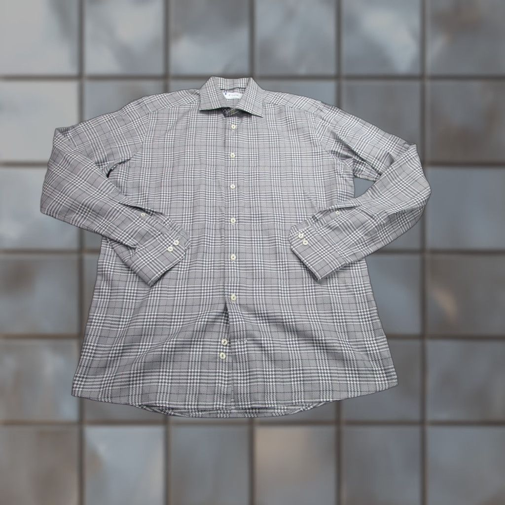 Eton Gray White Plaid Dress Shirt Mens Large 16 Long Sleeve Contemporary