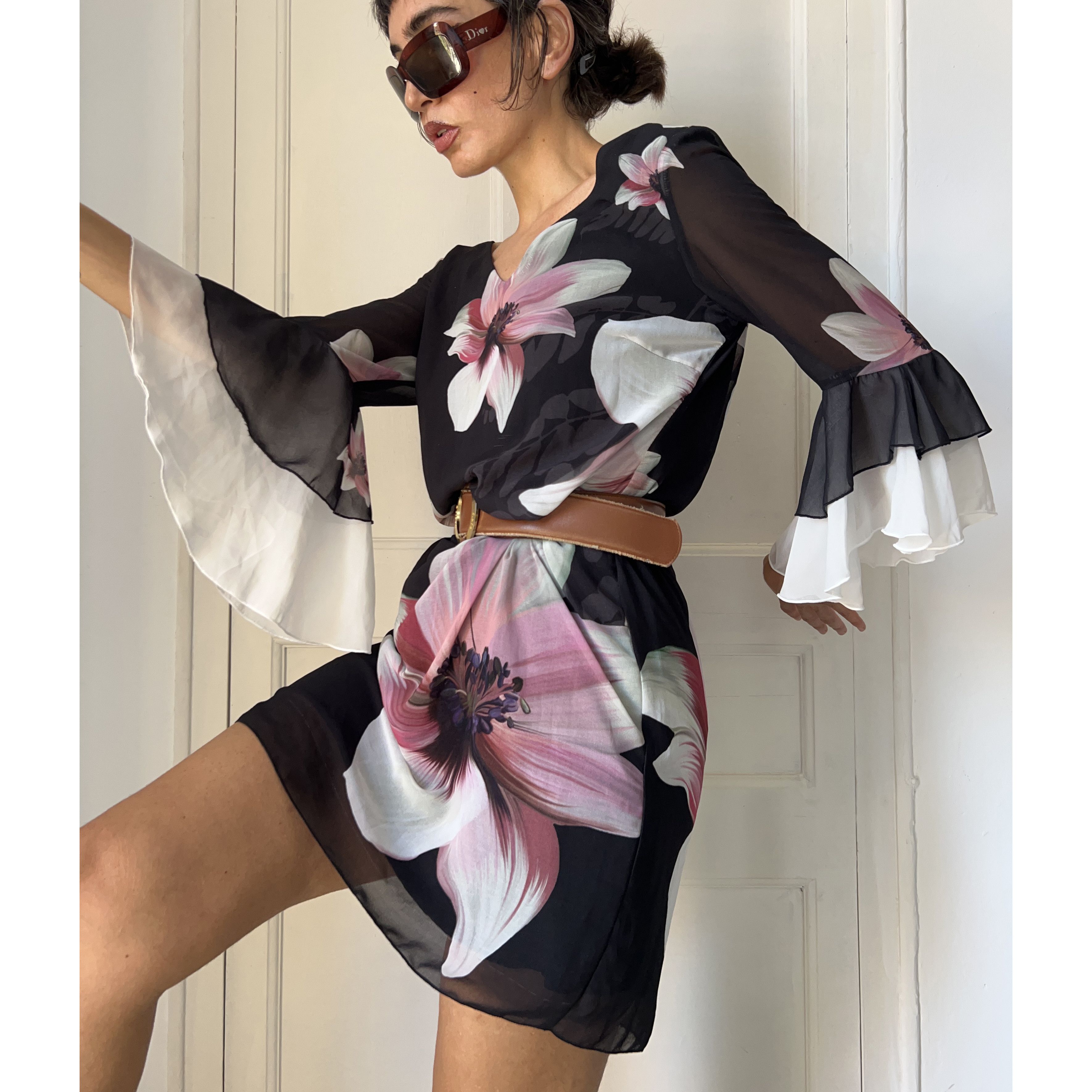 Vintage Vintage y2k ruffle sleeves black floral dress Size M / US 6-8 / IT 42-44 - 7 Thumbnail