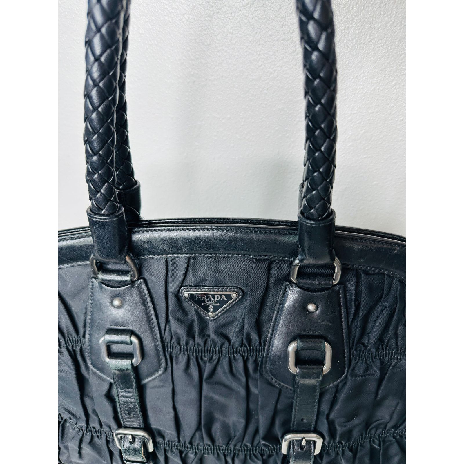 Prada Prada Vintage 90s Black Nylon Leather Buckle Braided Handle Size ONE SIZE - 7 Thumbnail