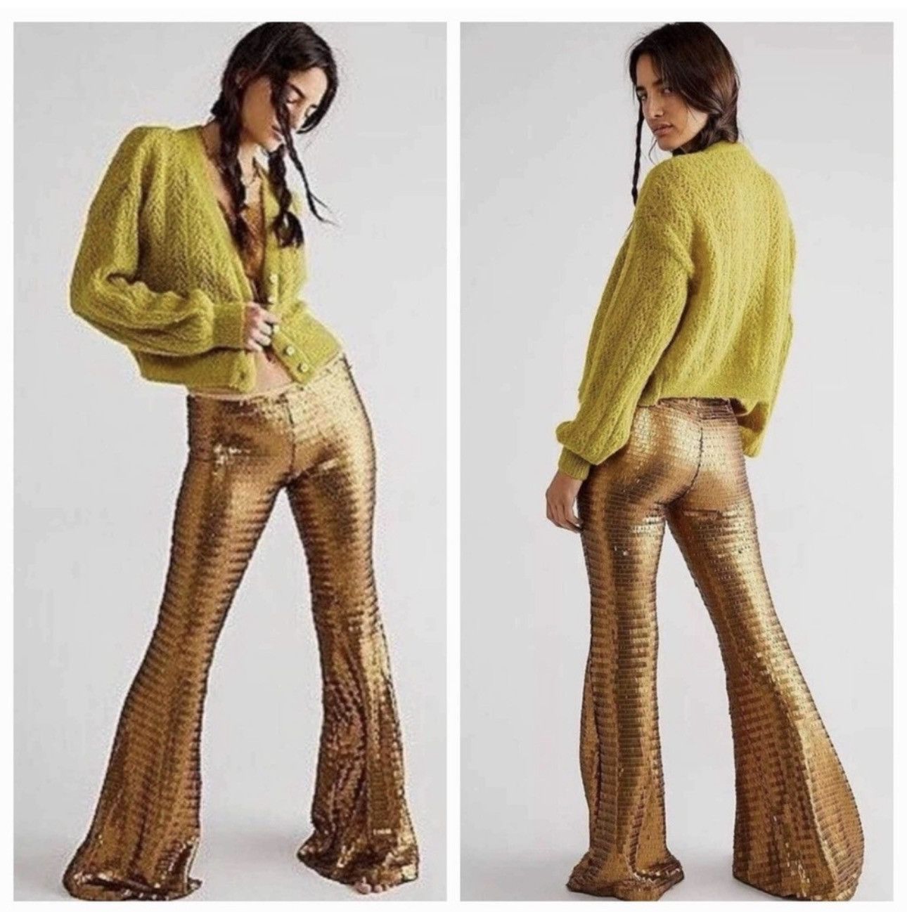 Free People Free People Gold Flare Sequin Pants Size 26" / US 2 / IT 38 - 1 Thumbnail
