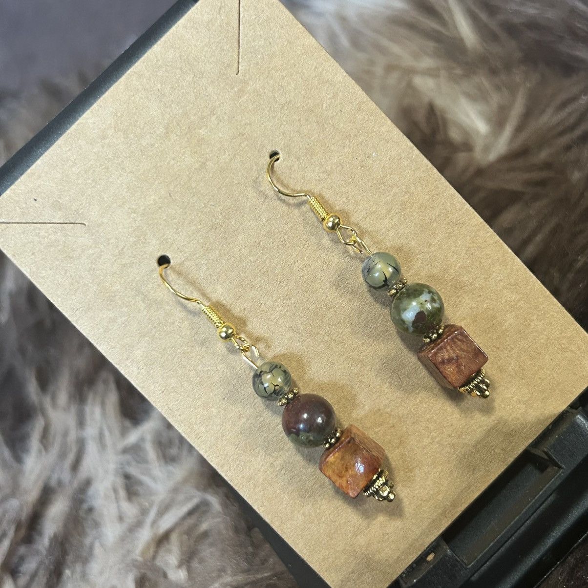 Handmade Handcrafted vintage wood bead dragon vein agate earrings Size ONE SIZE - 1 Thumbnail