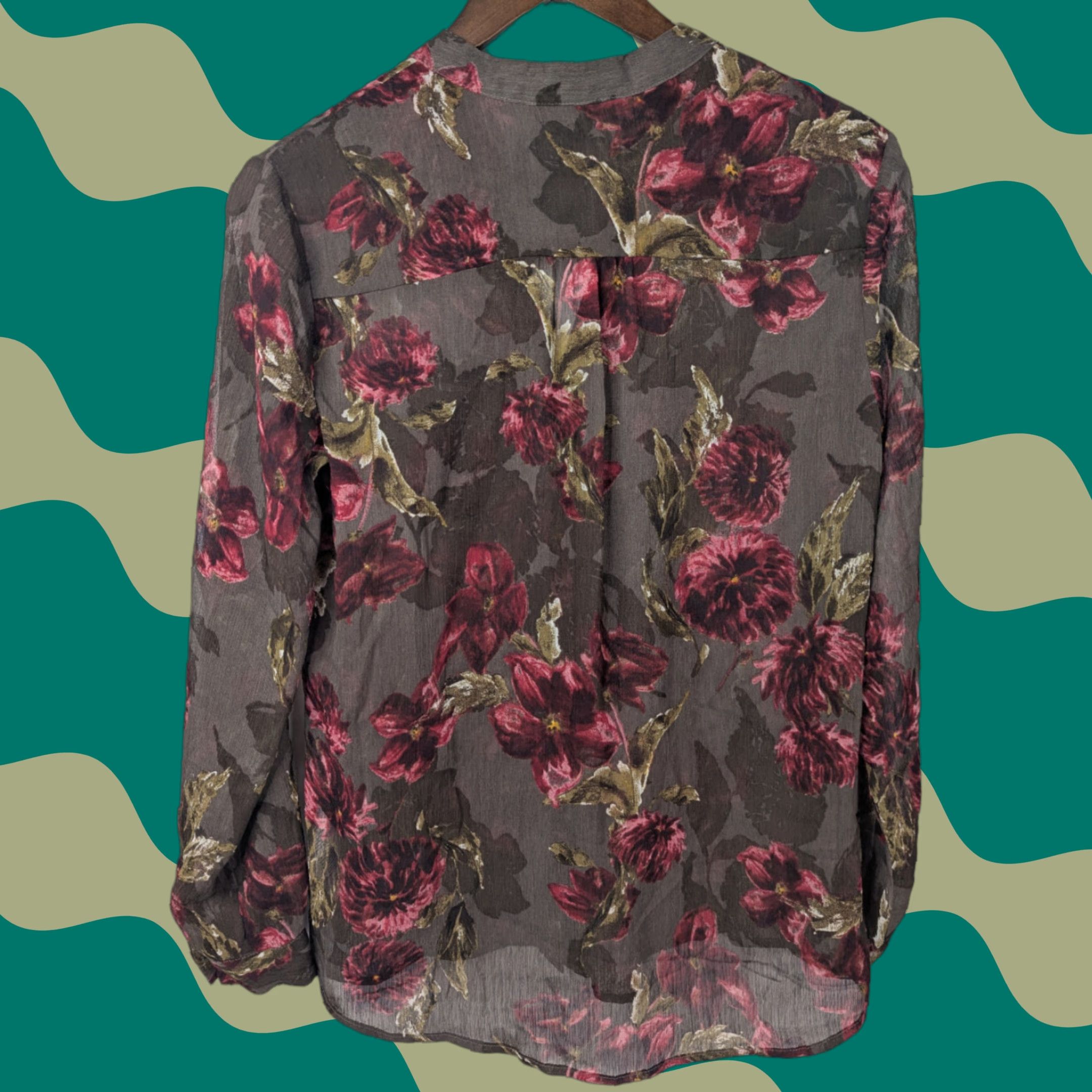 Vintage Kut from the Kloth Womens Blouse Shirt S Brown Floral Print Button V-Neck Sheer Long Sleeve Crepe Polyester Tunic Casual Size S / US 4 / IT 40 - 1 Thumbnail