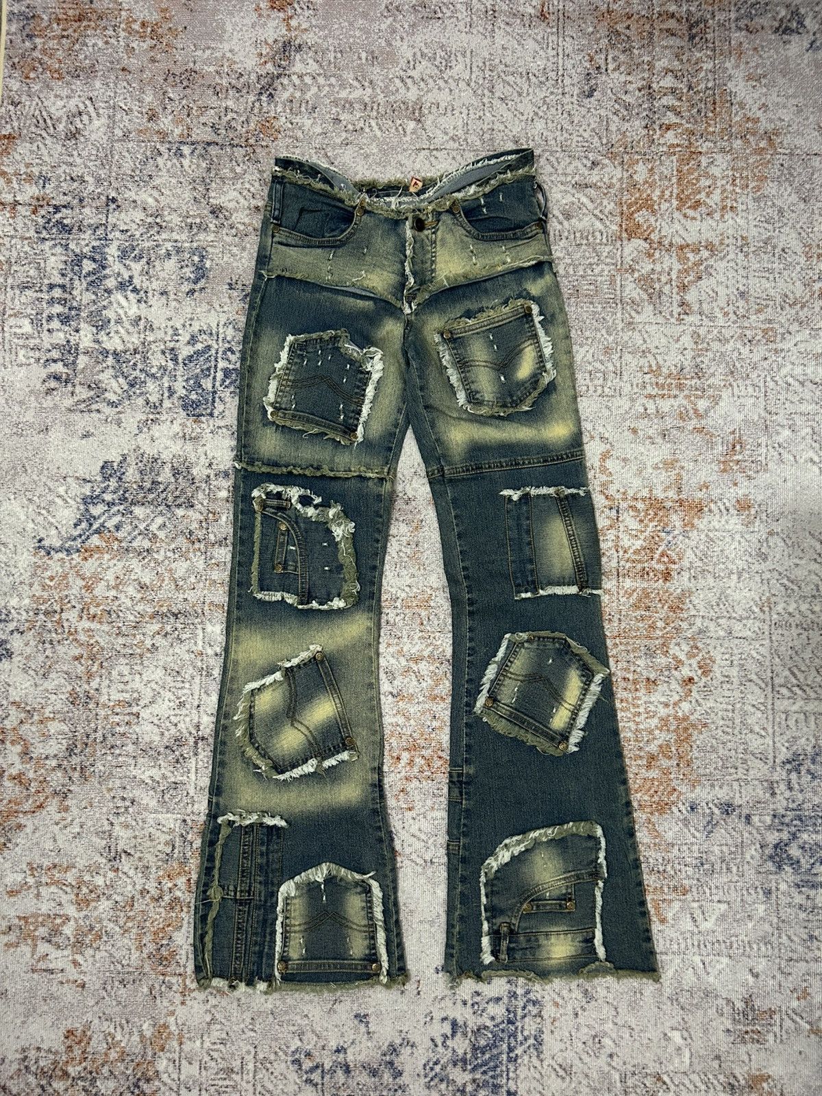 If Six Was Nine Modernistic Acid Wash Multi Pocket Flare Jeans Size US 28 / EU 44 - 1 Thumbnail