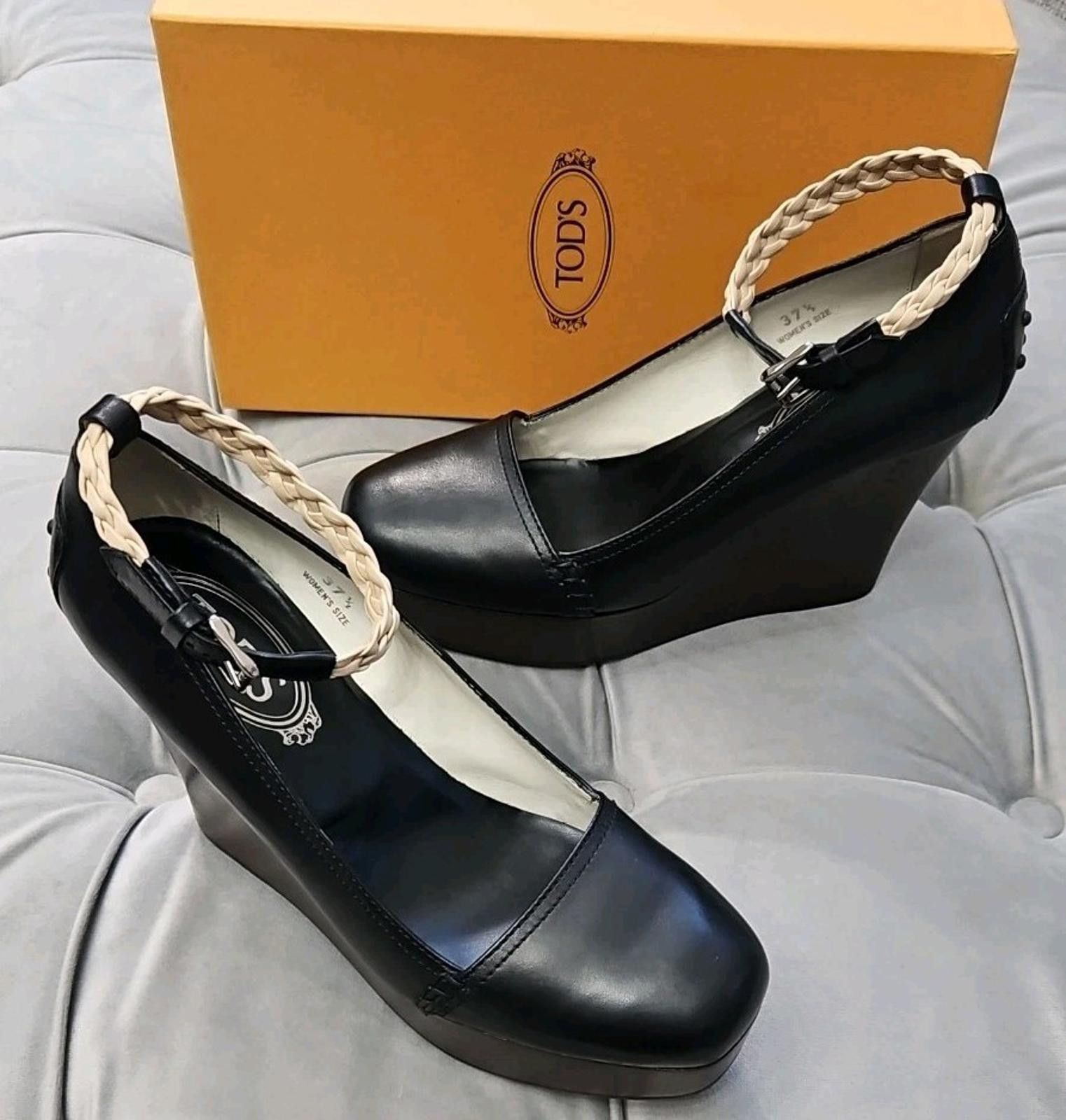 Tods Tod's Zeppa Gomma Black Leather Heels Womens Shoes 37.5 7.5