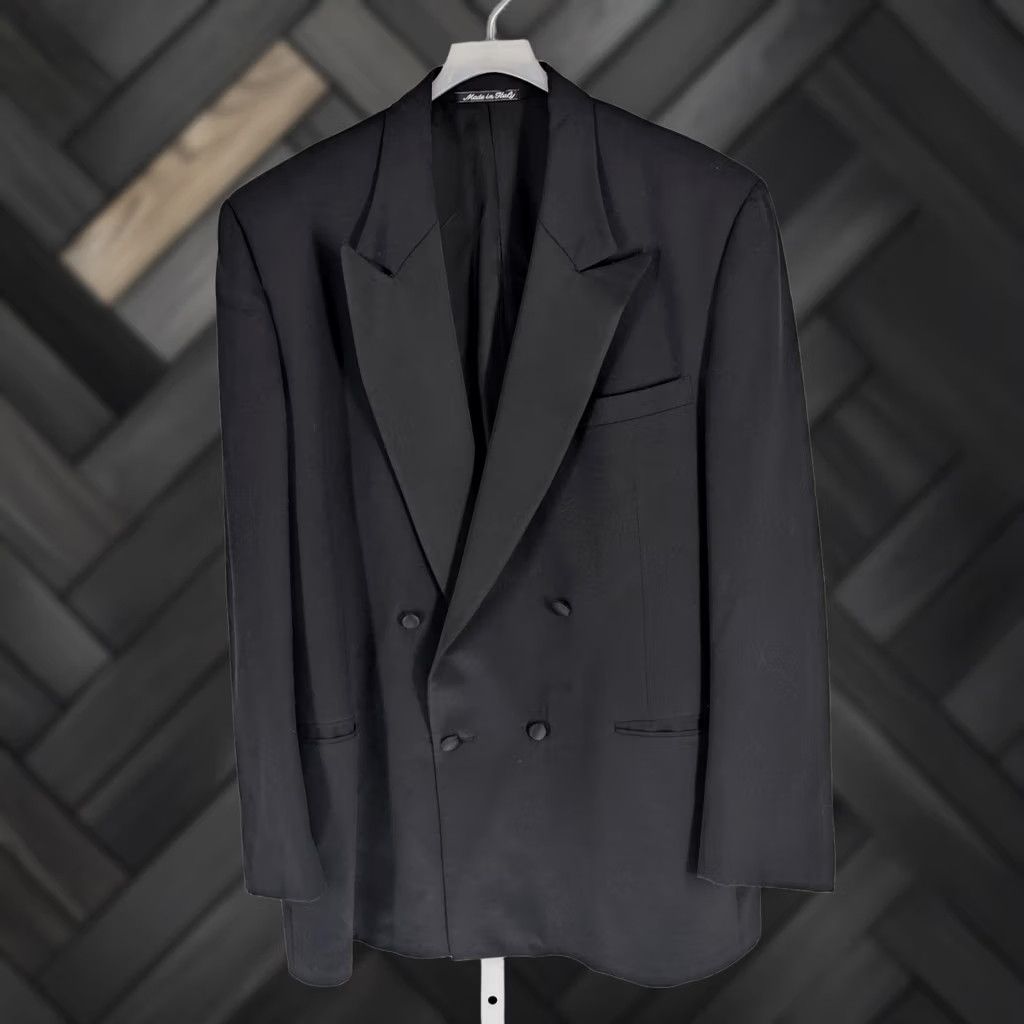 Perry Ellis VINTAGE Perry Ellis Saks Fifth Avenue Virgin Wool Tuxedo Jacket USA Blazer 1980s Double Breasted Mens 44 Chest Satin Lapels Size 44R - 1 Thumbnail
