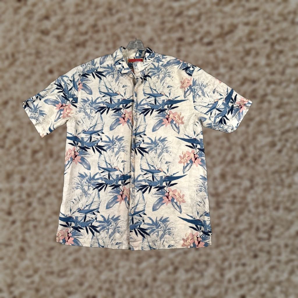 CO The Havanera Co Shirt Men Medium Gray Blue Hawaiian Floral Button Up Linen Blend Size US M / EU 48-50 / 2 - 1 Thumbnail