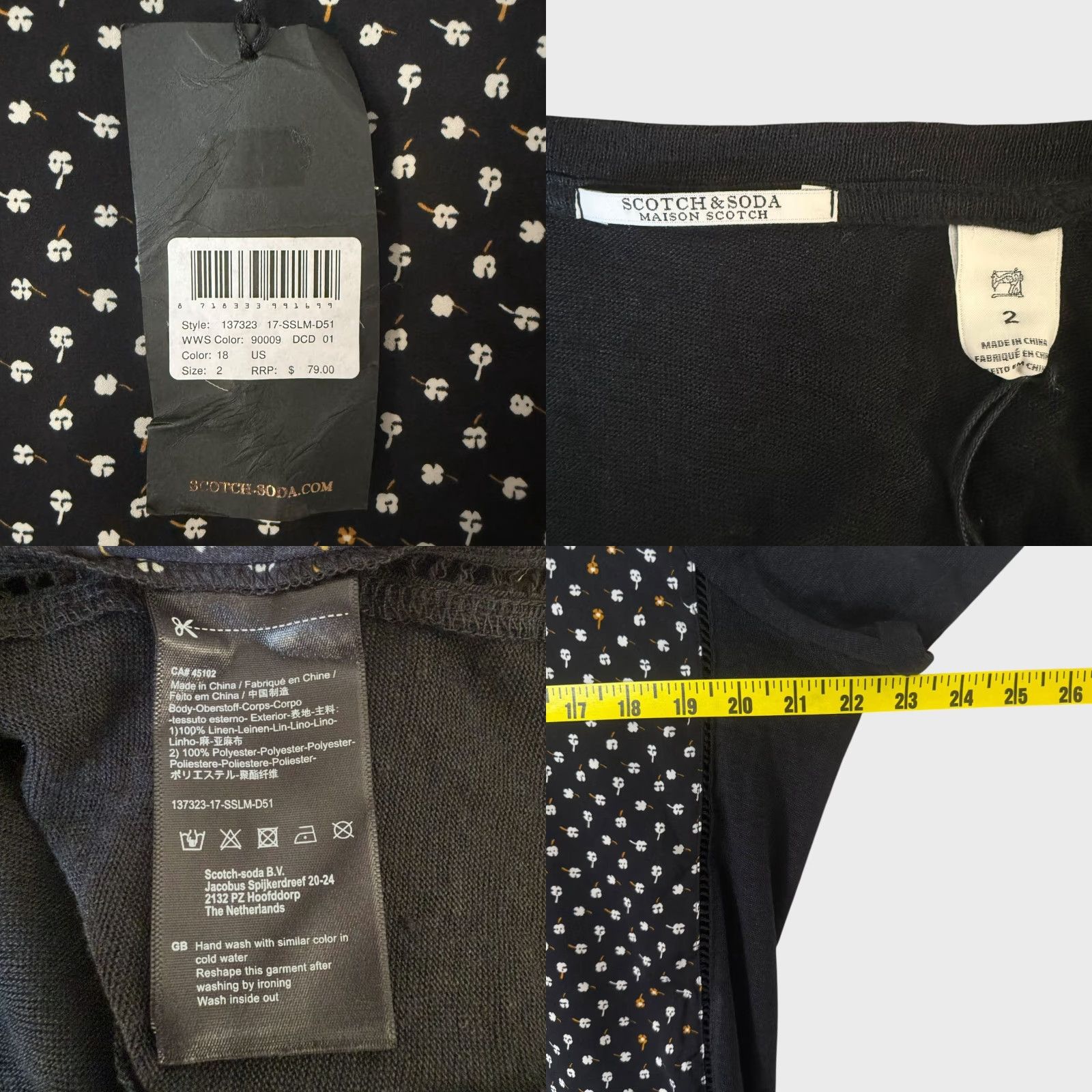 Scotch & Soda VINTAGE Scotch & Soda Women's T-Shirt Short Sleeve Linen Floral Print Casual Size 2 Black Summer Size XS / US 0-2 / IT 36-38 - 8 Thumbnail