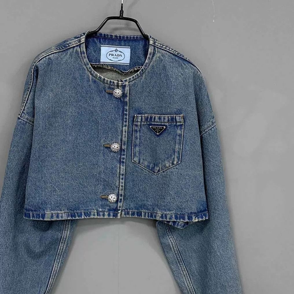 Prada PRADA Washed Blue Denim Jacket Triangle Crystal Logo Size XS / US 0-2 / IT 36-38 - 2 Thumbnail