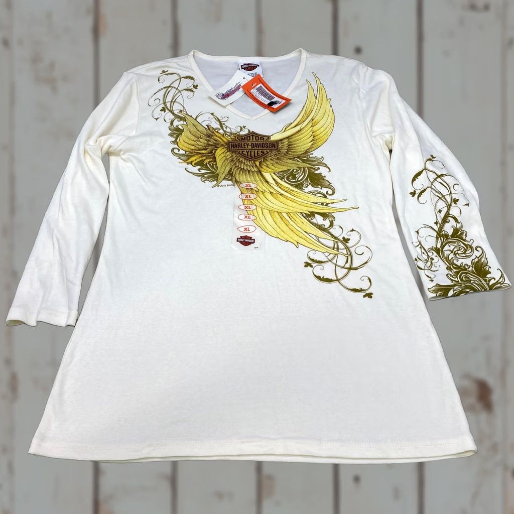 Harley Davidson Harley-Davidson Shirt Women's V-Neck 3/4 Sleeve Cream Golden Wings USA NWT Size L / US 10 / IT 46 - 1 Thumbnail