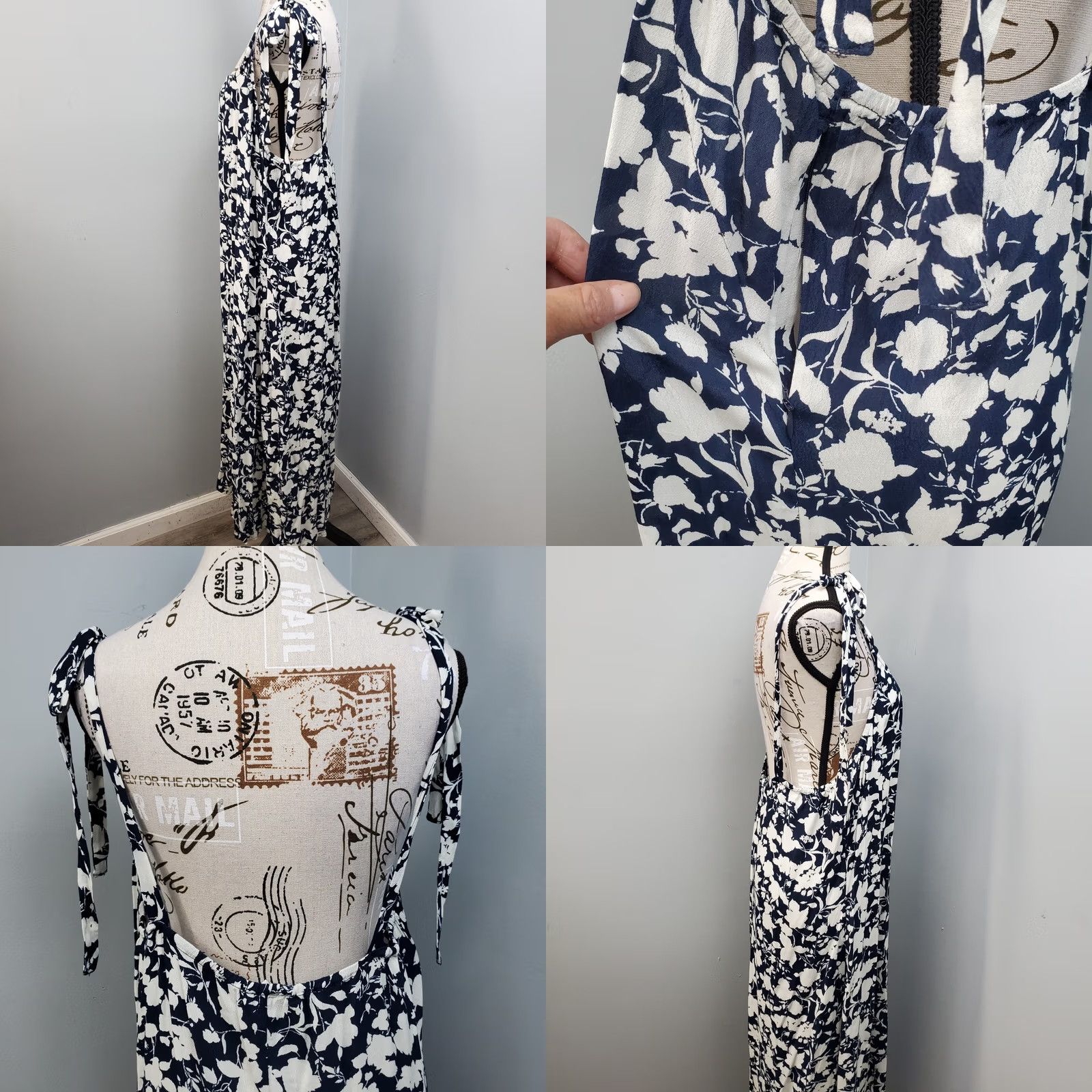 Vintage Free Assembly Maxi Dress Womens Size XL Navy White Floral Tie Straps Backless Sleeveless 50" Length Size XL / US 12-14 / IT 48-50 - 8 Thumbnail