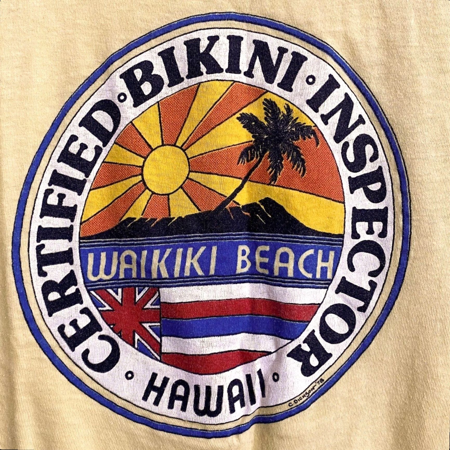 Vintage VINTAGE Screen Stars 70s Graphic T-Shirt Waikiki Beach Bikini Inspector Yellow Mens Small Size US S / EU 44-46 / 1 - 4 Thumbnail