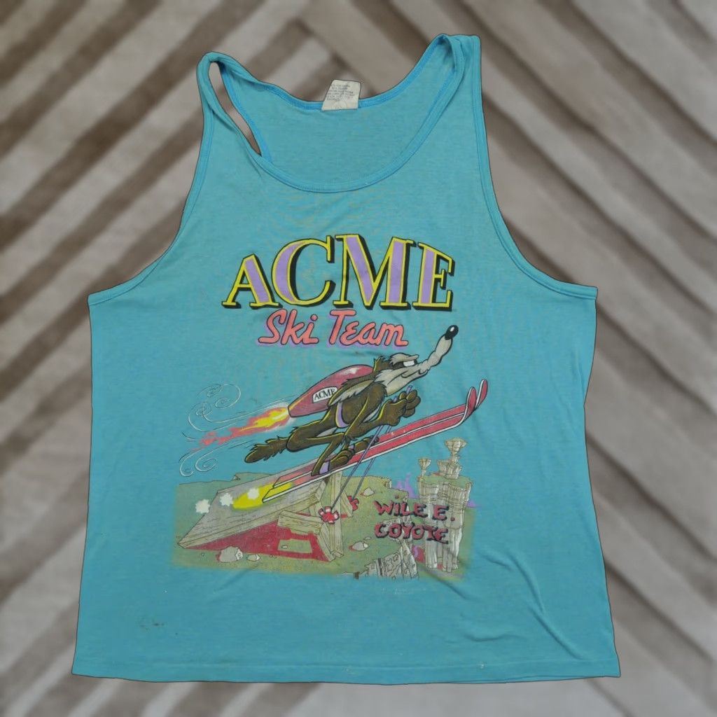 Vintage VINTAGE Looney Tunes Tank Top Shirt Adult Large Blue Wile E Coyote 1989 80s Logo Size US L / EU 52-54 / 3 - 1 Thumbnail