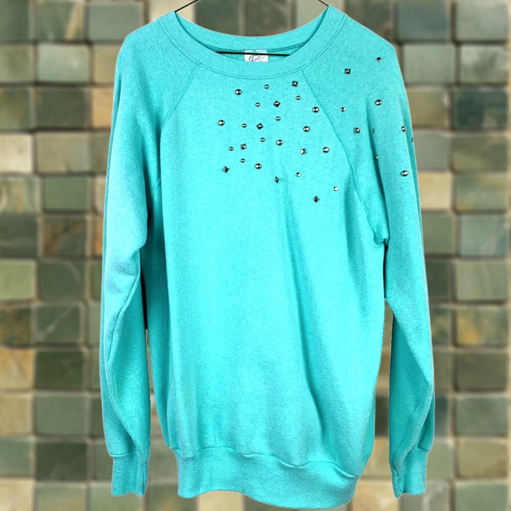 AQUA VINTAGE Pannill Silver Studded Aqua Blue Crew Sweatshirt Size Large Womens Sweatshirt Pullover Long Sleeve 50% Cotton 50% Polyester USA Made Size L / US 10 / IT 46 - 1 Thumbnail