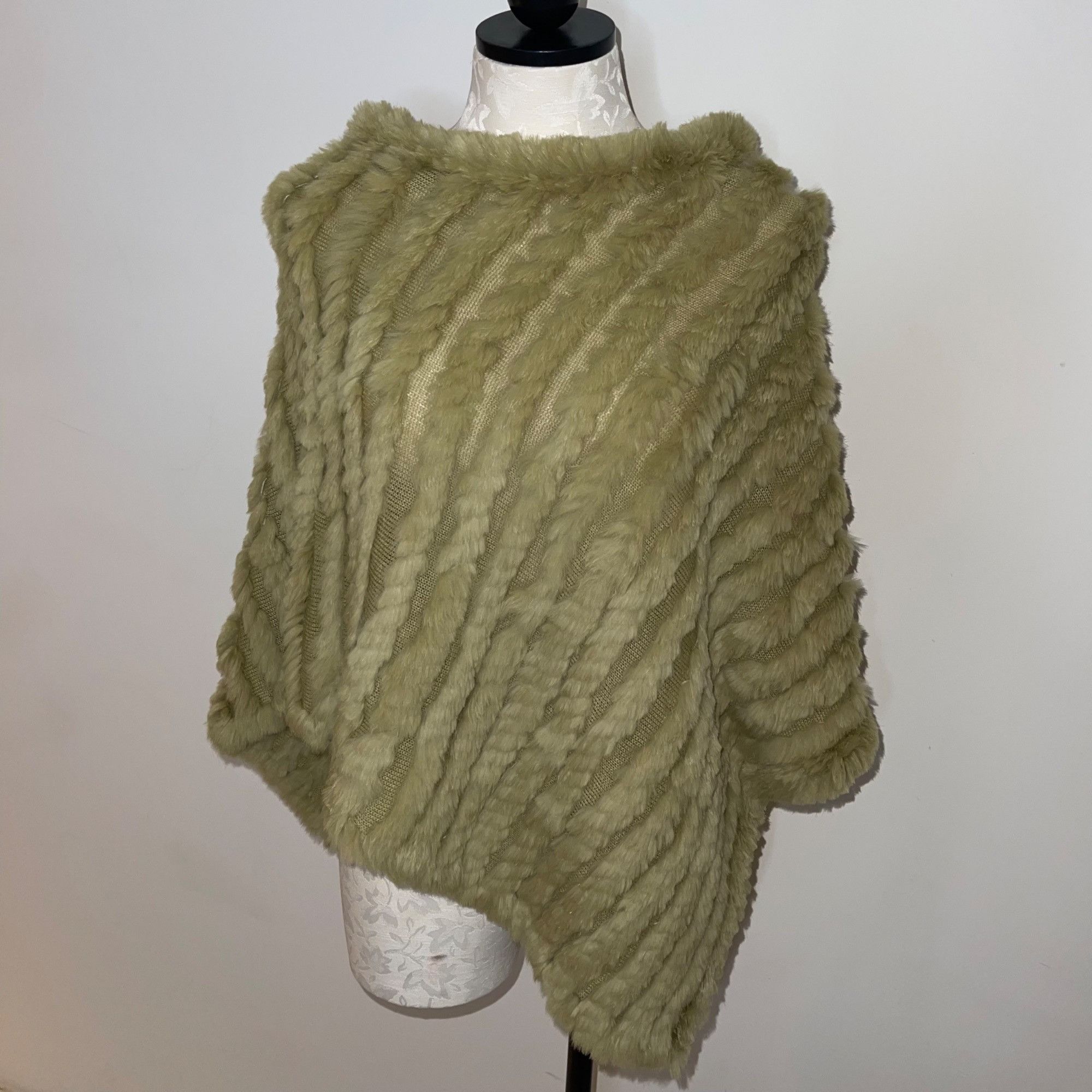 Black Rivet Rabbit Fur Knit Poncho One Size Sage Green