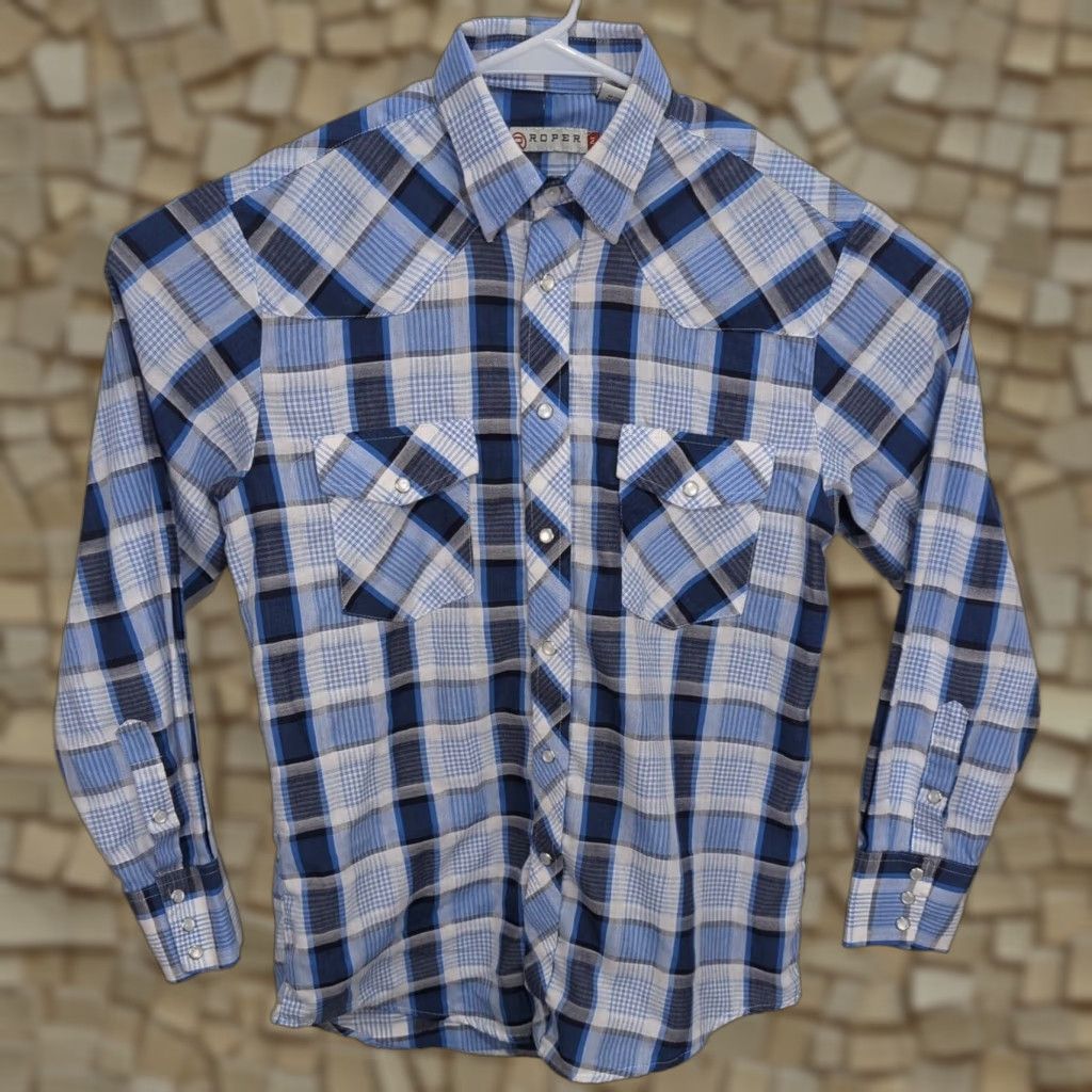 Roper Roper Shirt Pearl Snap Blue White Plaid Button-Up Collared Mens Medium Western Cowboy Casual & Business Wearable Shirt Size US M / EU 48-50 / 2 - 1 Thumbnail