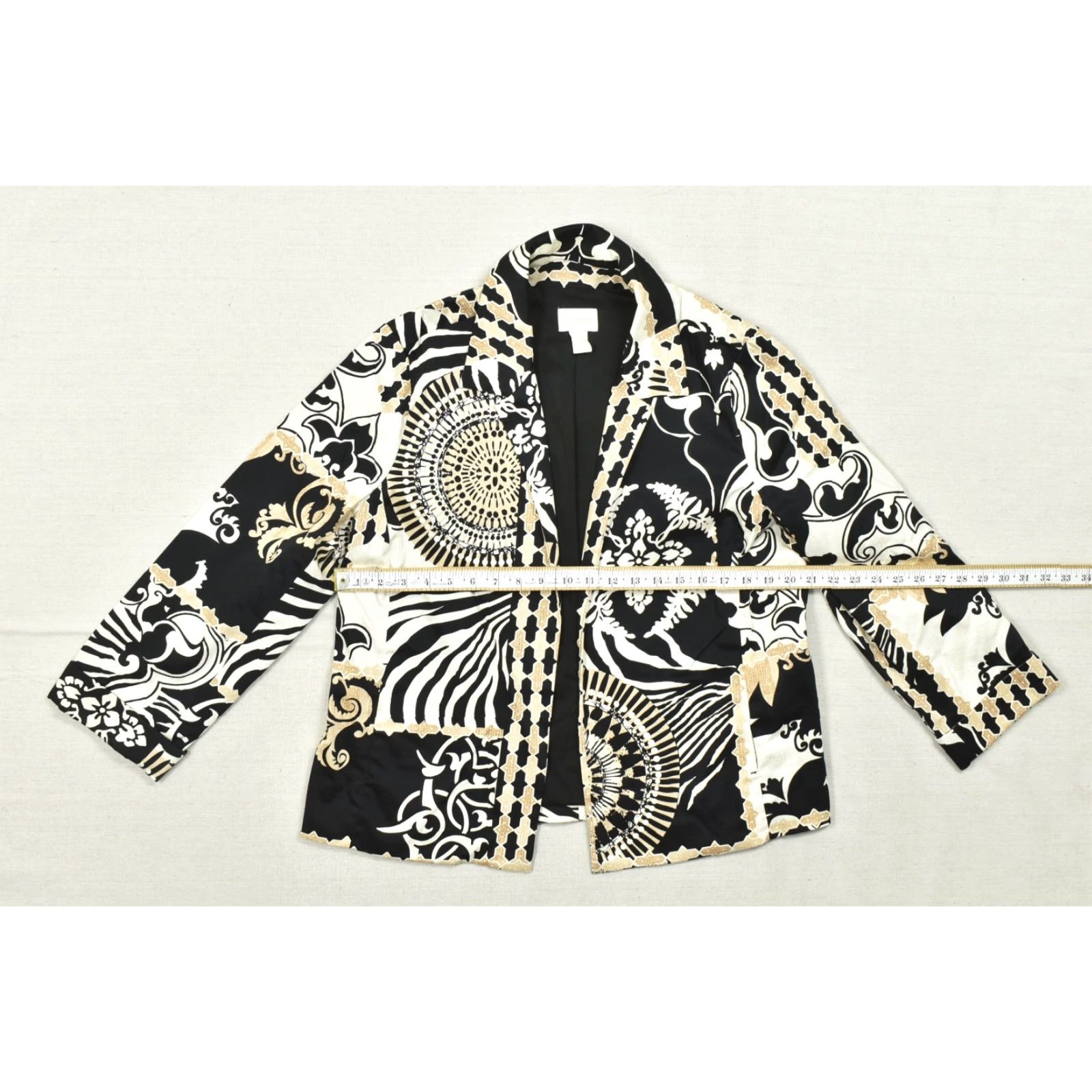 Vintage Chico's Blazer Shirt Women Small Black White Gold Scarf Print Stretch Cotton Blend Jacket Size XS / US 0-2 / IT 36-38 - 3 Thumbnail