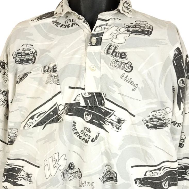 Vintage VINTAGE Bronx Clothiers Polo Shirt Mens Size M 1950s American Car 90s White Cotton Button-Up Long Sleeve All Over Print Made In USA Size US M / EU 48-50 / 2 - 2 Thumbnail