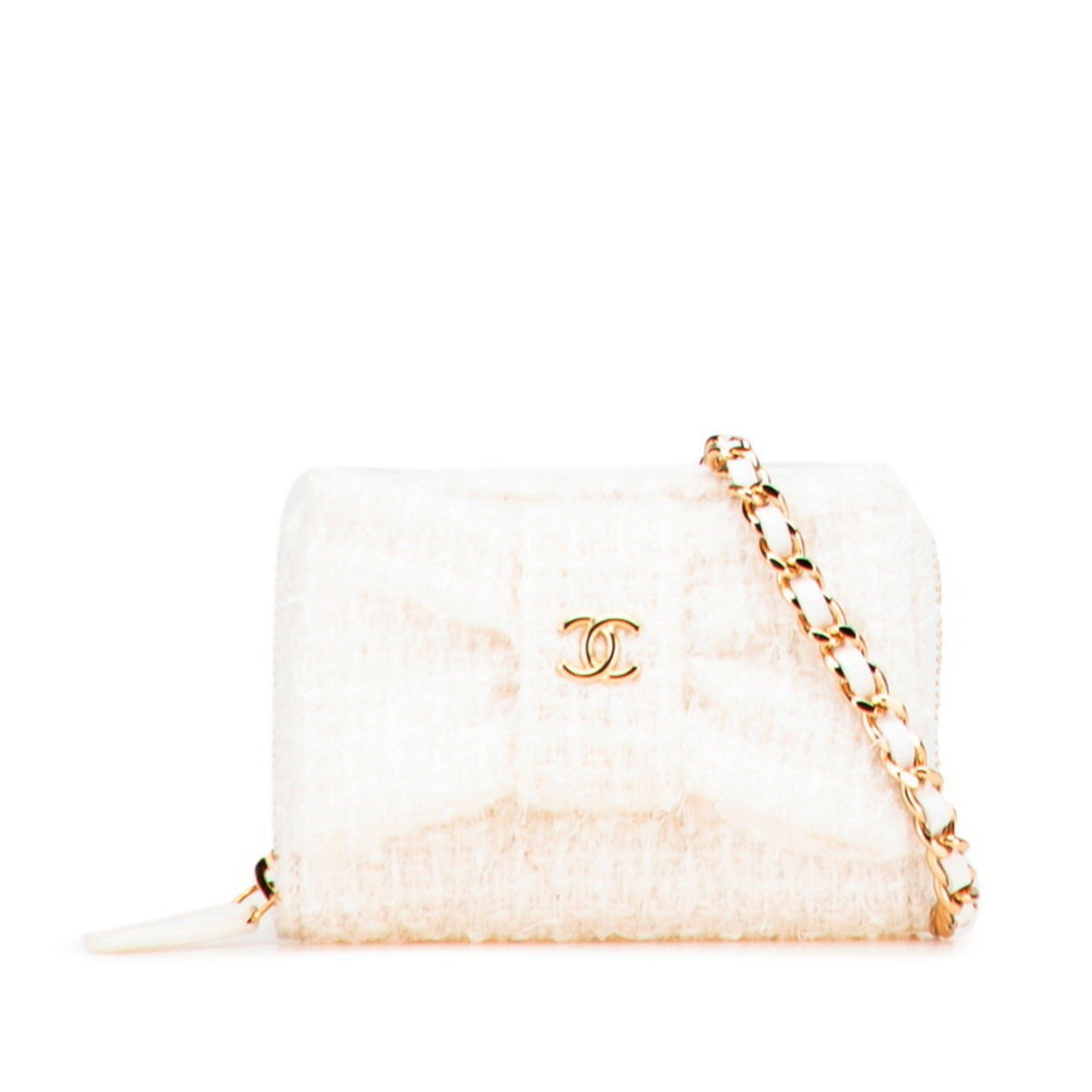 Chanel Chanel Coco Mark Ribbon Mini Chain Wallet, Wallet/Coin Case, White, Gold, Tweed, Leather, Women's, CHANEL Size ONE SIZE - 1 Thumbnail