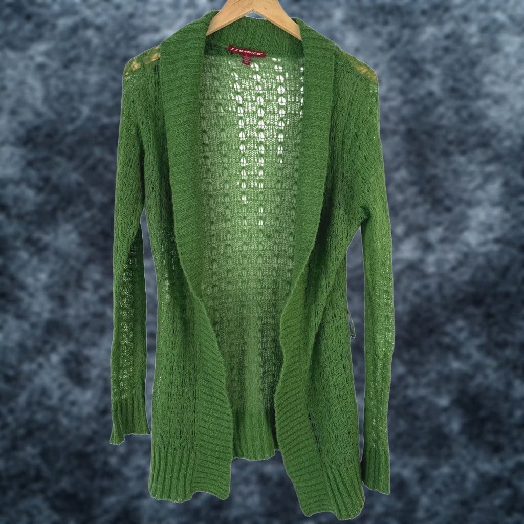 Vintage JJ Basics Cardigan Sweater Womens L Green Mohair Blend Open Knit Shawl Collar Size L / US 10 / IT 46 - 1 Thumbnail