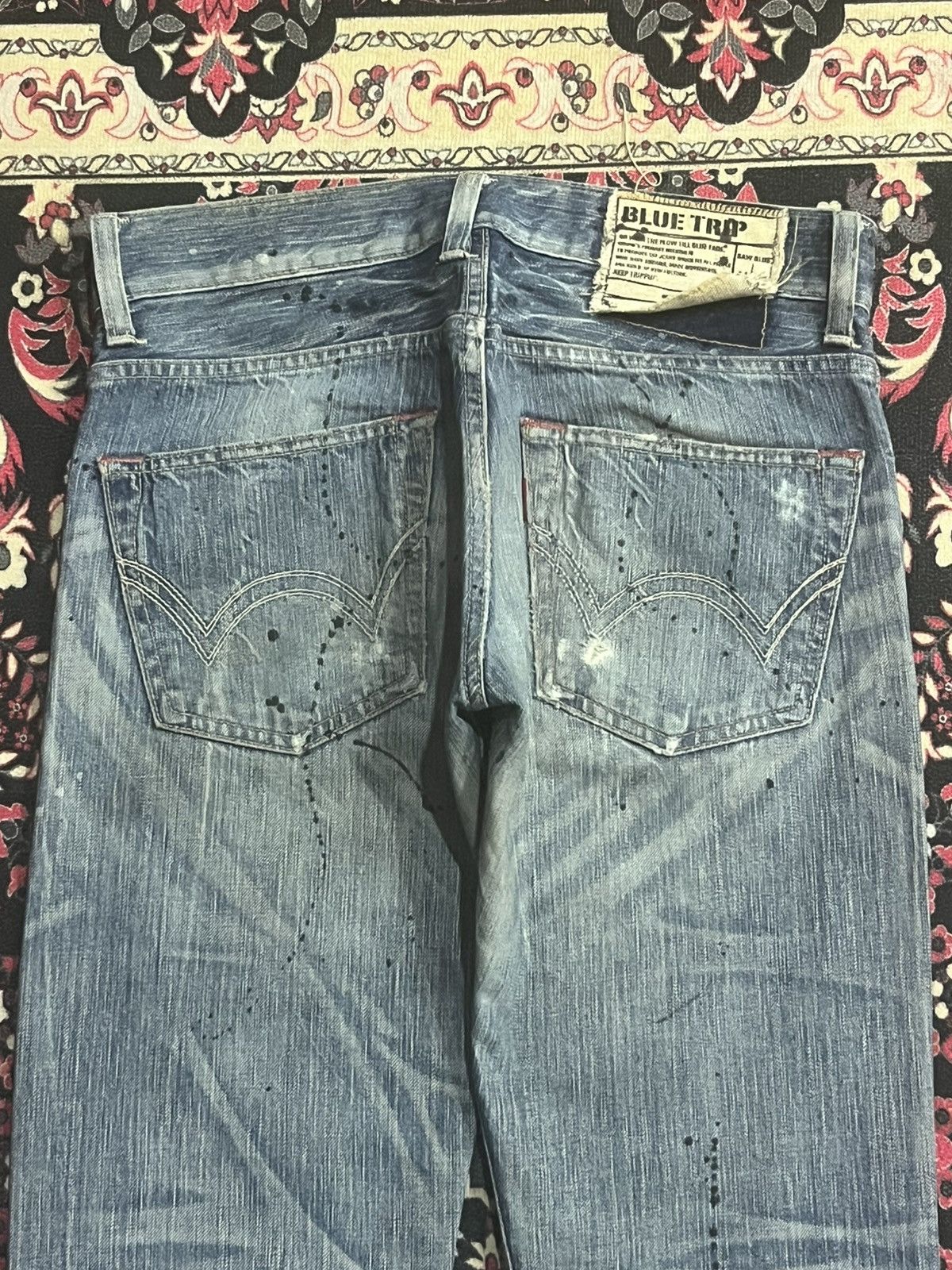 Tornado Mart Edwin 503 Blue Trip Distressed Paint Splattered Flare Jeans Size US 28 / EU 44 - 7 Thumbnail