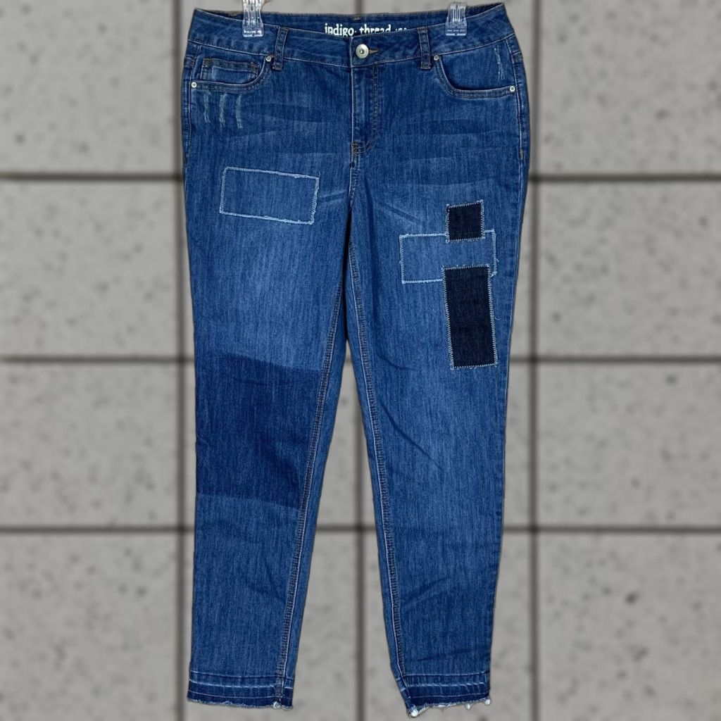 Denime Indigo Jeans Womens Patchwork Ankle Indigo Thread 10 Blue Denim 5-Pocket Zipper Button Rise Mid Fall Spring Summer Winter Classic Fit Womens Size 32" / US 10 / IT 46 - 1 Thumbnail