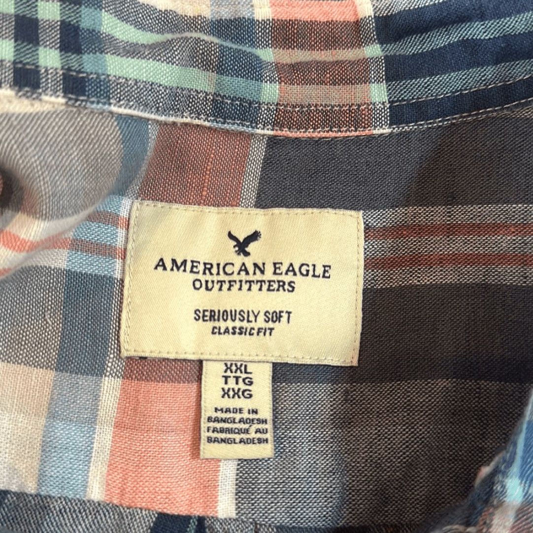 American Eagle Outfitters VINTAGE American Eagle Shirt Plaid Linen Button-Down Men 2XL Blue Orange Long Sleeve Size US XXL / EU 58 / 5 - 6 Thumbnail