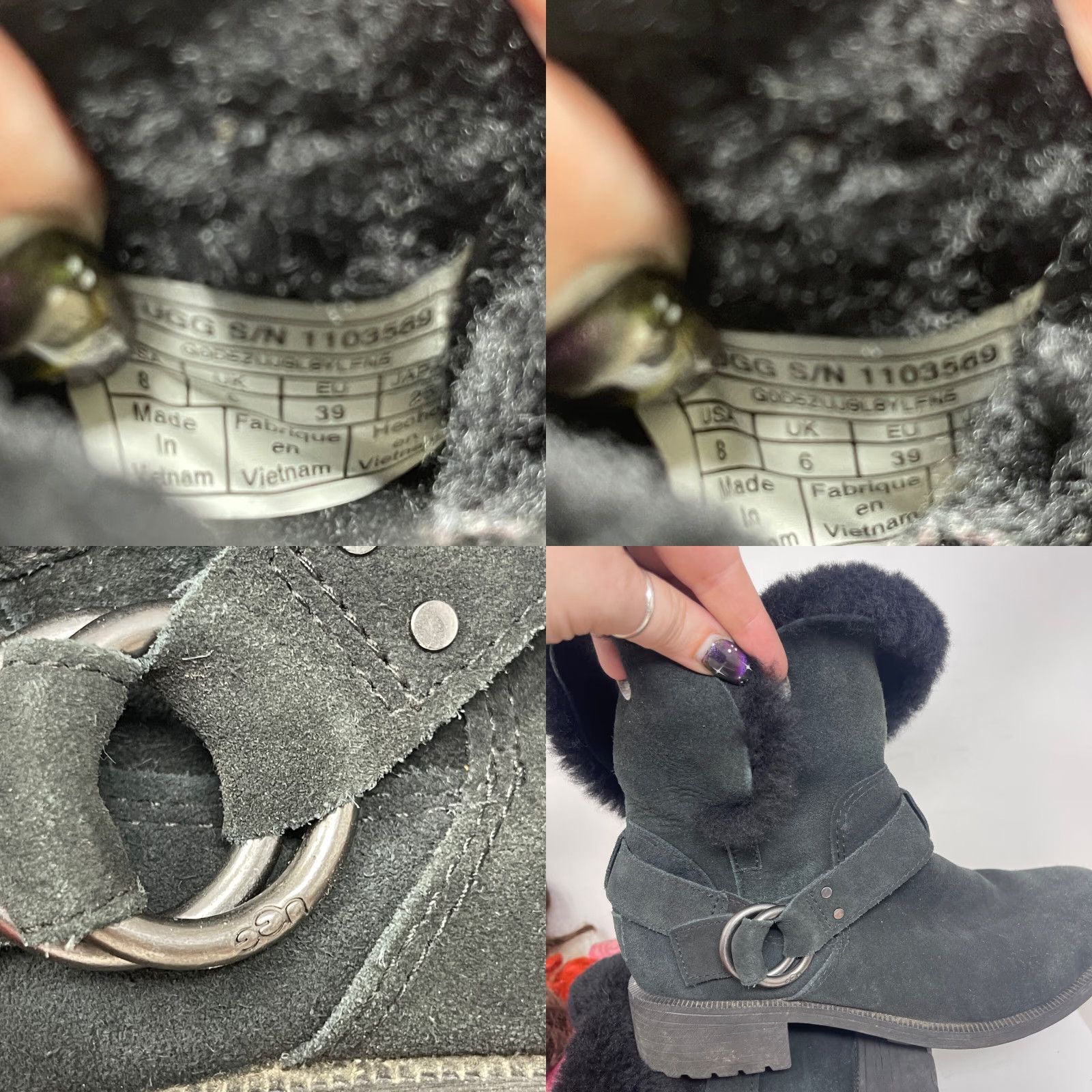 Ugg UGG Bodie Boots Women 8 Black Suede Sheepskin Lined Ankle Boot - Pull On - Buckle - Leather Shearling - Flat Heel - Motorcycle, 90s, Fall - Womens Size US 8 / IT 38 - 9 Thumbnail