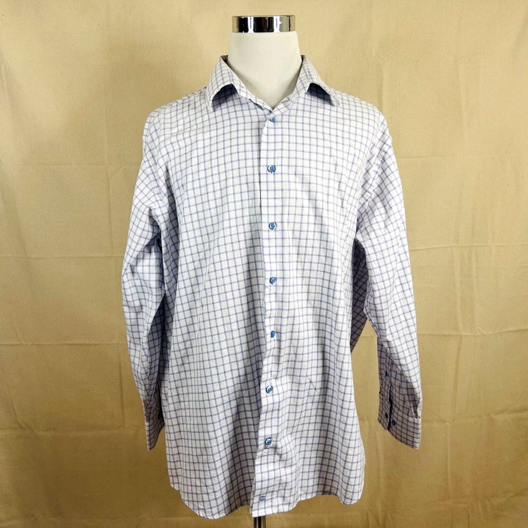 David Donahue David Donahue Dress Shirt Men 18 34/35 White Blue Purple Plaid Cotton Button Up Shirt Regular Fit Long Sleeve Mens 100% Cotton Check Pattern White Size 48R - 2 Thumbnail