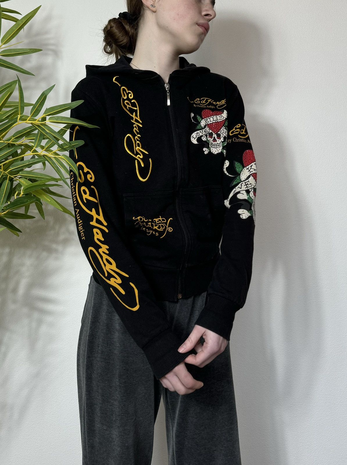 image of Christian Audigier x Ed Hardy Vintage Ed Hardy All Over Printed 2000S Zip Up Hoodie in Black, Women