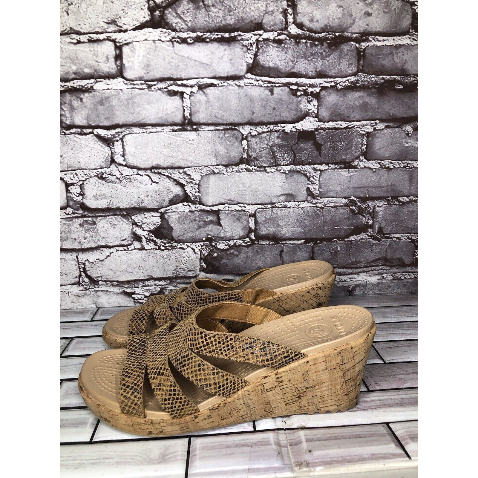 Crocs Crocs A-Leigh Gold Leather Snake Print Cork Wedge Sandals Wo Size US 11 / IT 41 - 1 Thumbnail