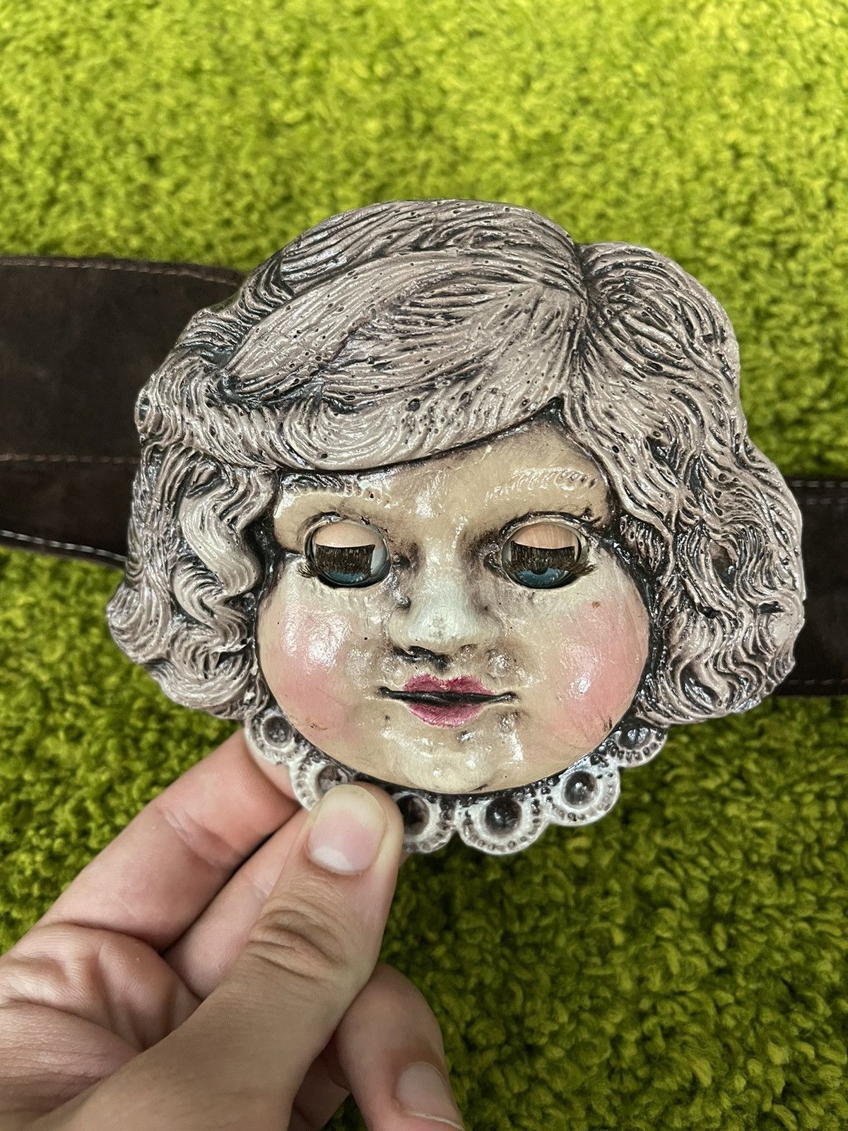 Designer Scary doll head buckle handmade leather belt Y2K Size ONE SIZE - 4 Thumbnail