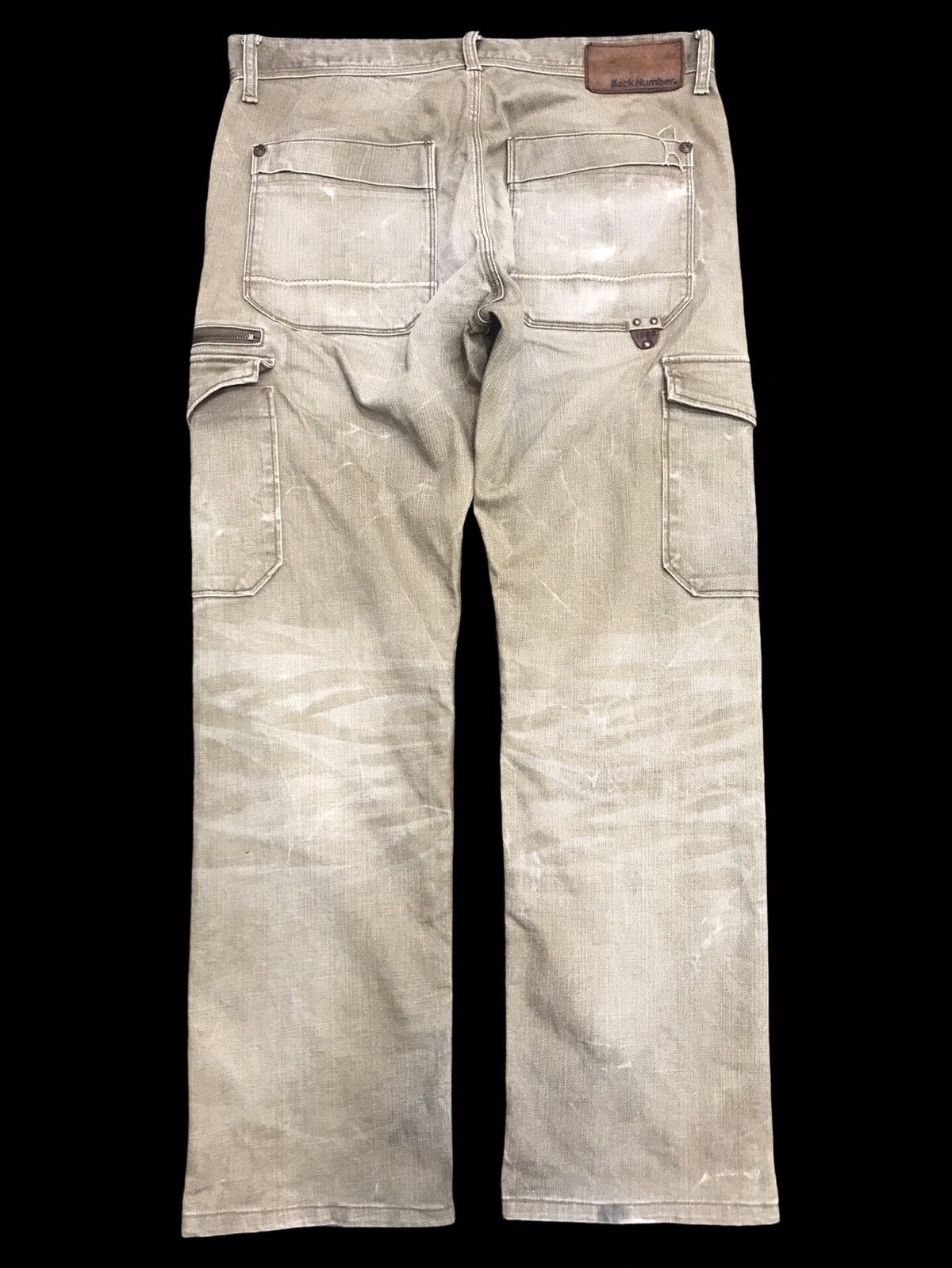Japanese Brand 💥THRASHED💥BACK NUMBER TAN DISTRESSED CARGO DENIM F367 Size US 35 - 2 Thumbnail