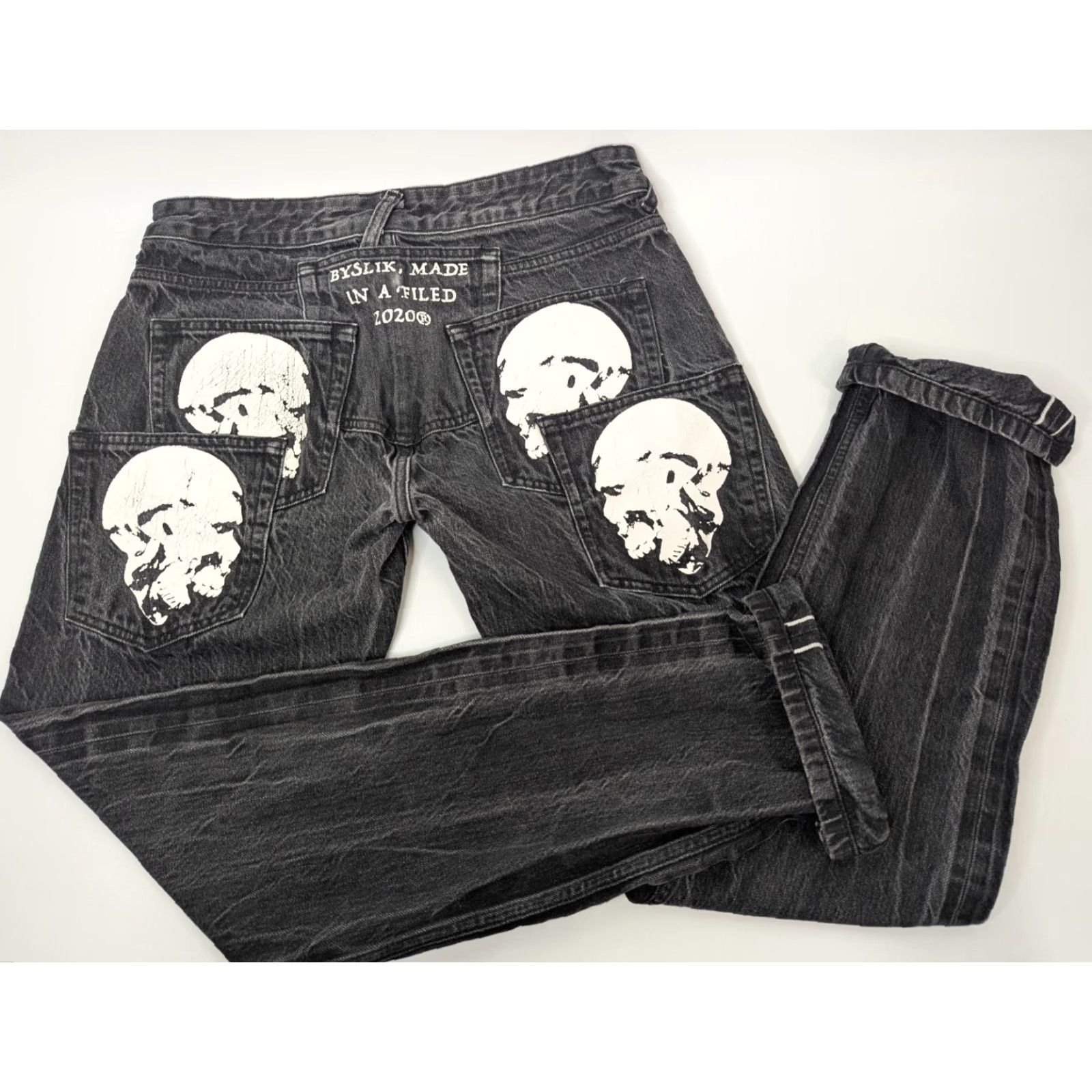 Denime BySlik Made In Da Field Dead Player Skull Pockets Button Fly Black Denim Jeans Size US 32 / EU 48 - 2 Thumbnail
