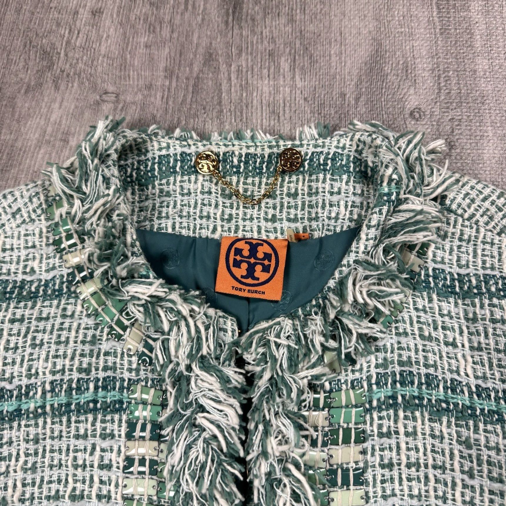 Tory Burch TORY BURCH Marion Blazer Tweed Jacket SIZE 2 Teal Sky Blue 3/4 Sleeve Classic Fit Women's Vintage No N/A Size XS / US 0-2 / IT 36-38 - 2 Thumbnail