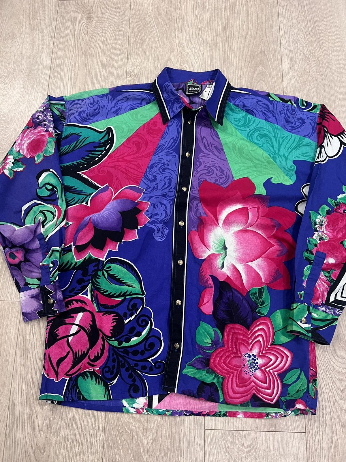 image of Like New Versace Floral Pattern Button Up 80's 90S, Men's (Size Medium)
