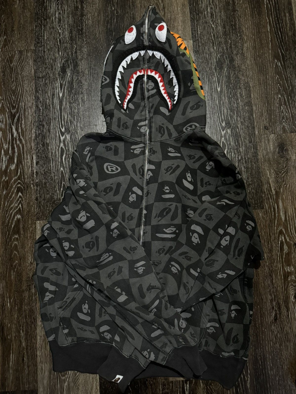 image of Bape Distortion Shark Relaxed Fit Full Zip Hoodie in Black, Men's (Size XL)