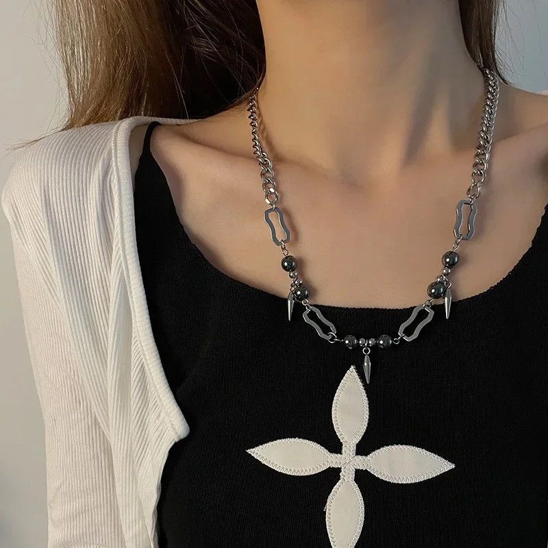 Jewelry × Vintage Dark Rivet Splicing Stainles Steel Bead Cuban Chain Necklace Size ONE SIZE - 3 Thumbnail