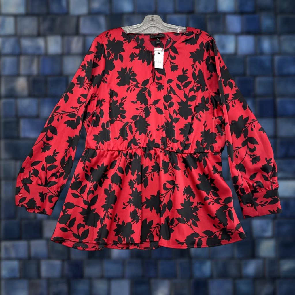Vintage Lane Bryant Floral Red Long Sleeve Elastic Waist Midi Dress Size 18 NEW Size XXL / US 16-18 / IT 52-54 - 1 Thumbnail