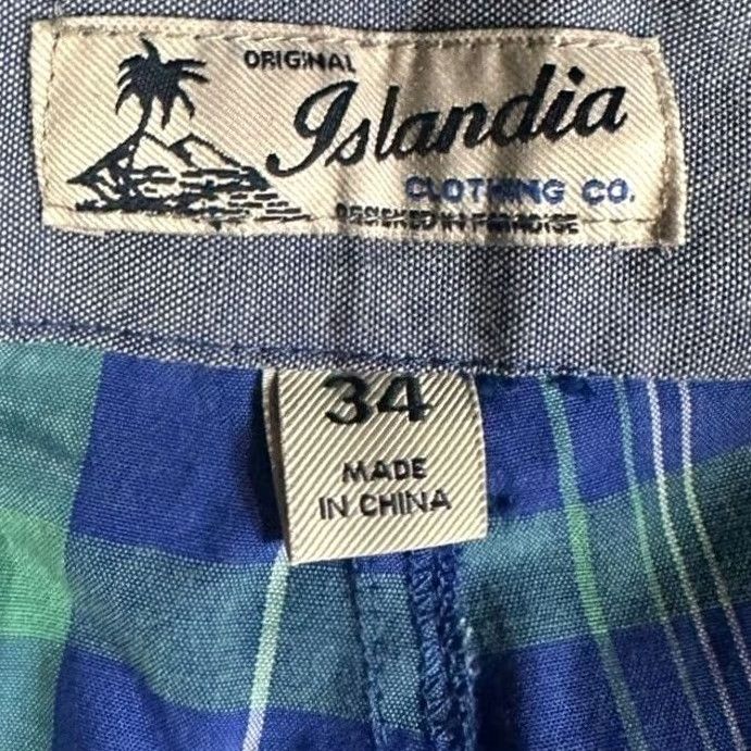 CO Islandia Clothing Co Shorts Mens 34 Blue Green Khaki Chino Plaid Flat Front EUC Size US 34 / EU 50 - 3 Thumbnail