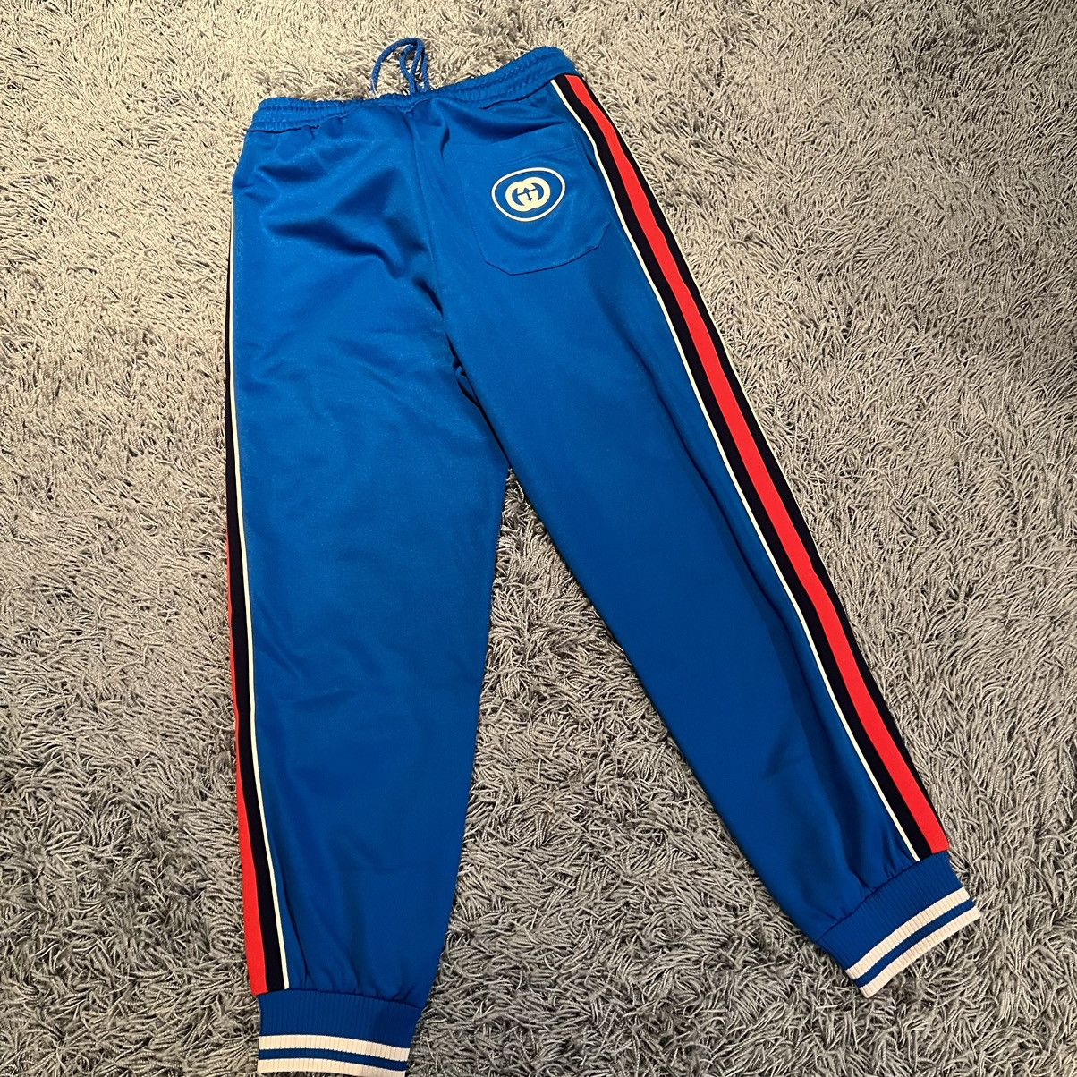 Image of Gucci Navy Blue Red Trackpants Sweatpants Xs New GG Logo Bee, Men's (Size 31)