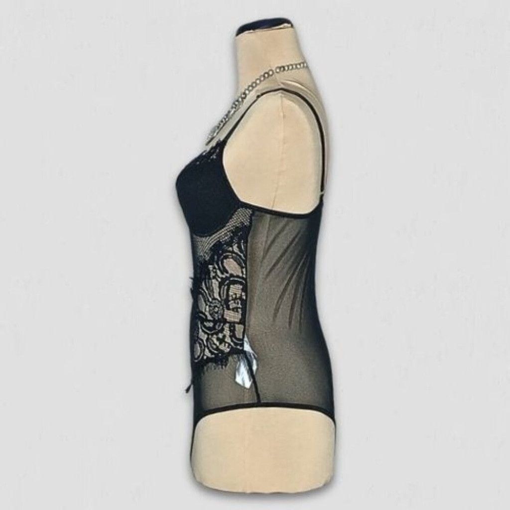 Vintage Y2K Bustier Bodysuit Lace Sheer Mesh Floral Black sz S Size ONE SIZE - 3 Thumbnail
