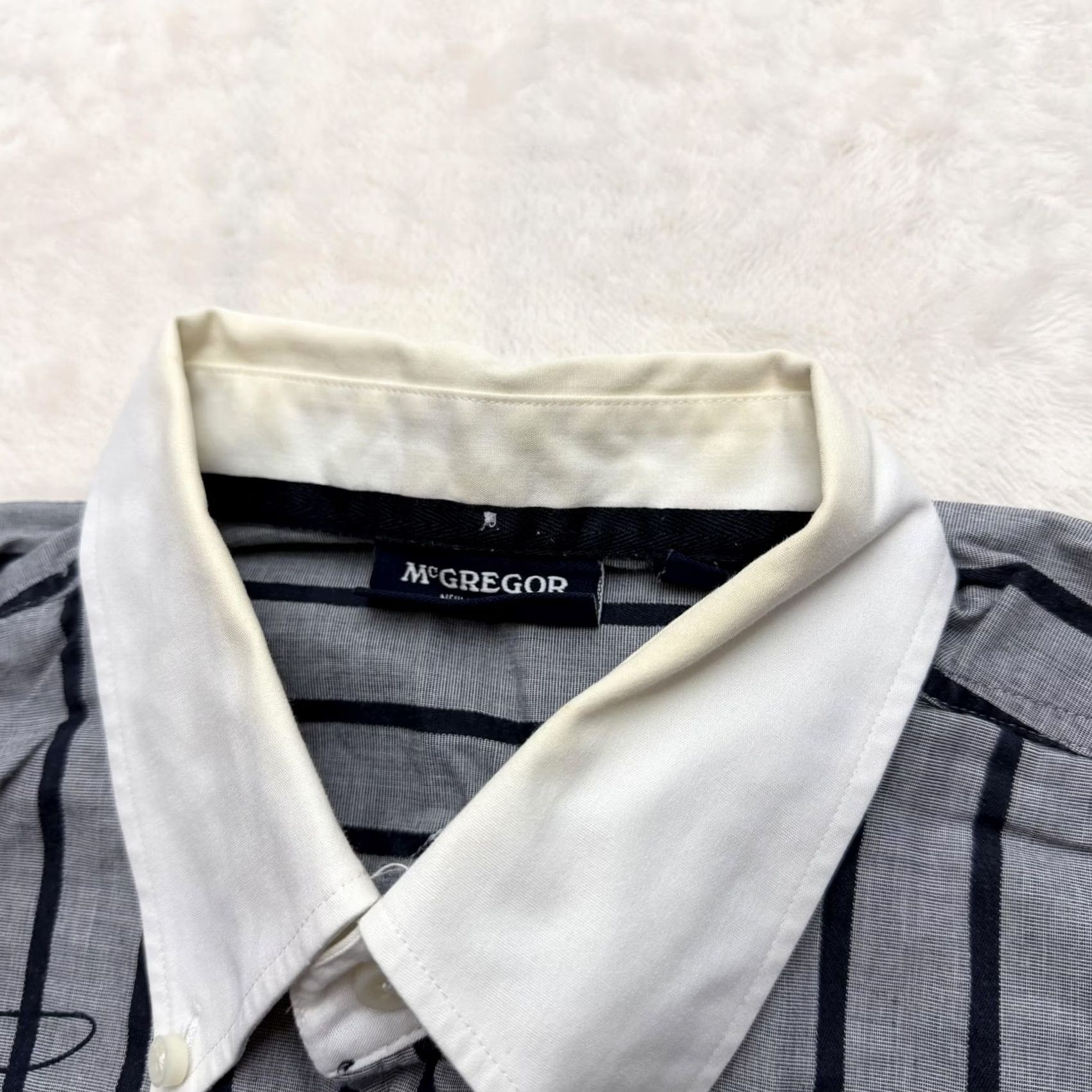 McGregor McGregor Shirt Mens XL Gray Navy Striped Button-Down Button Embo​idered Patch Cotton Wool Size US XL / EU 56 / 4 - 7 Thumbnail