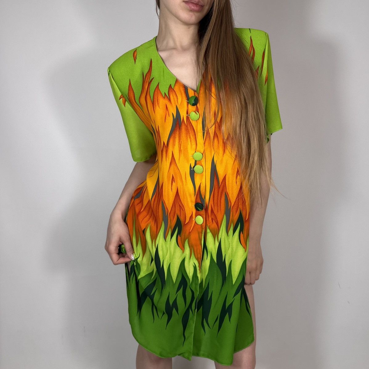 Joseph Ribkoff Vintage 90s Joseph Ribkoff Flame Fire Print Shirts Dress Size XL / US 12-14 / IT 48-50 - 1 Thumbnail