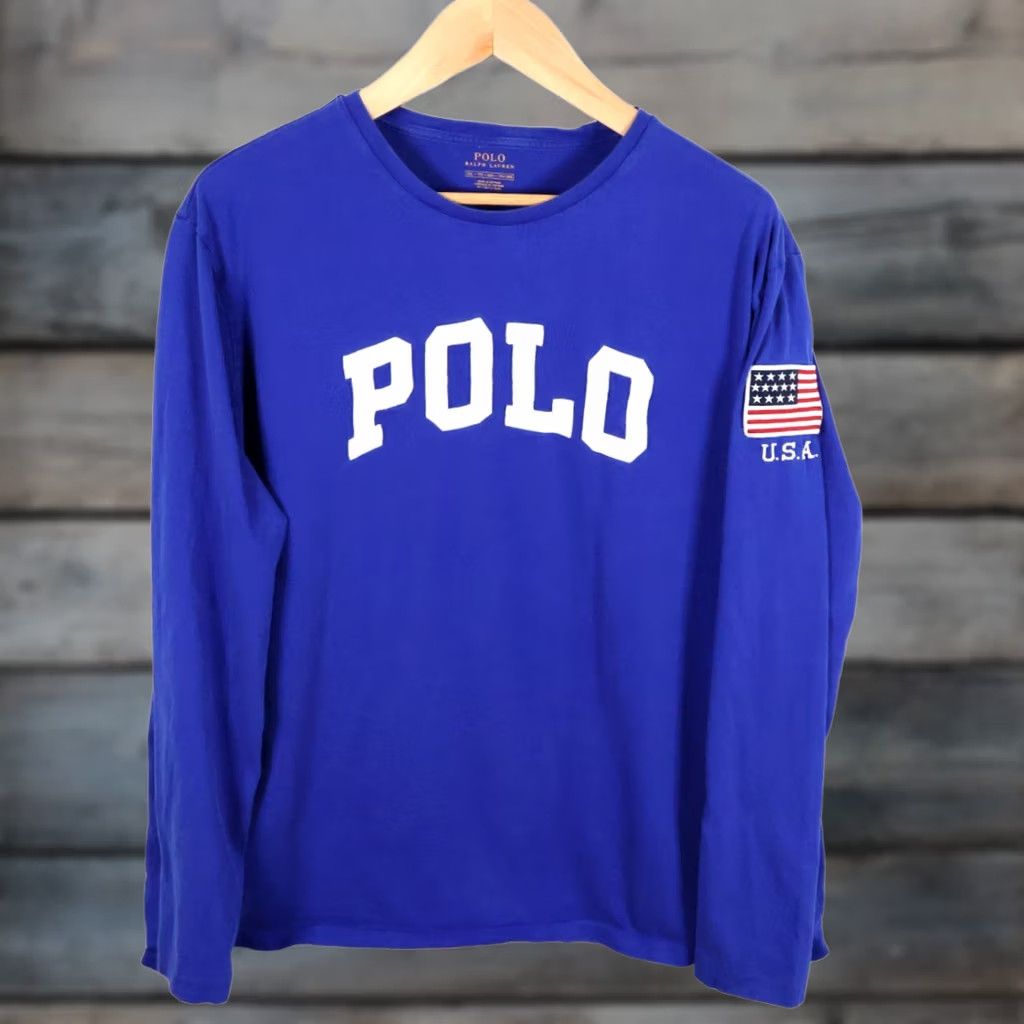 Polo Ralph Lauren Polo Ralph Lauren Long Sleeve T-Shirt Men's 2XL Blue Embroidered Flag Patch Graphic Print Crew Neck Polo RL 90s Patriotic Logo Shirt Regular Mens Size US XXL / EU 58 / 5 - 1 Thumbnail