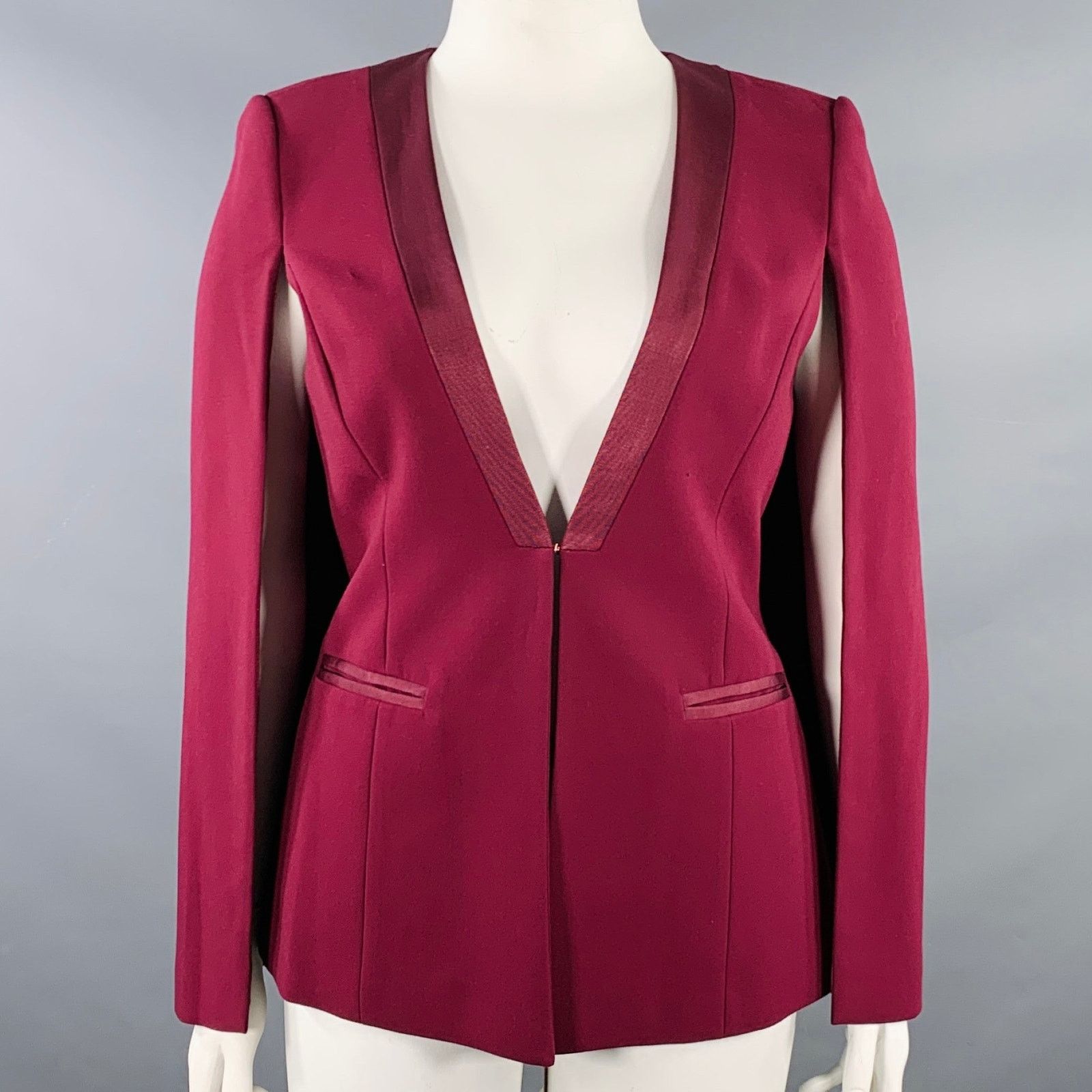 Size L Burgundy Polyester Blend Eye Hook Cape Jacket Blazer