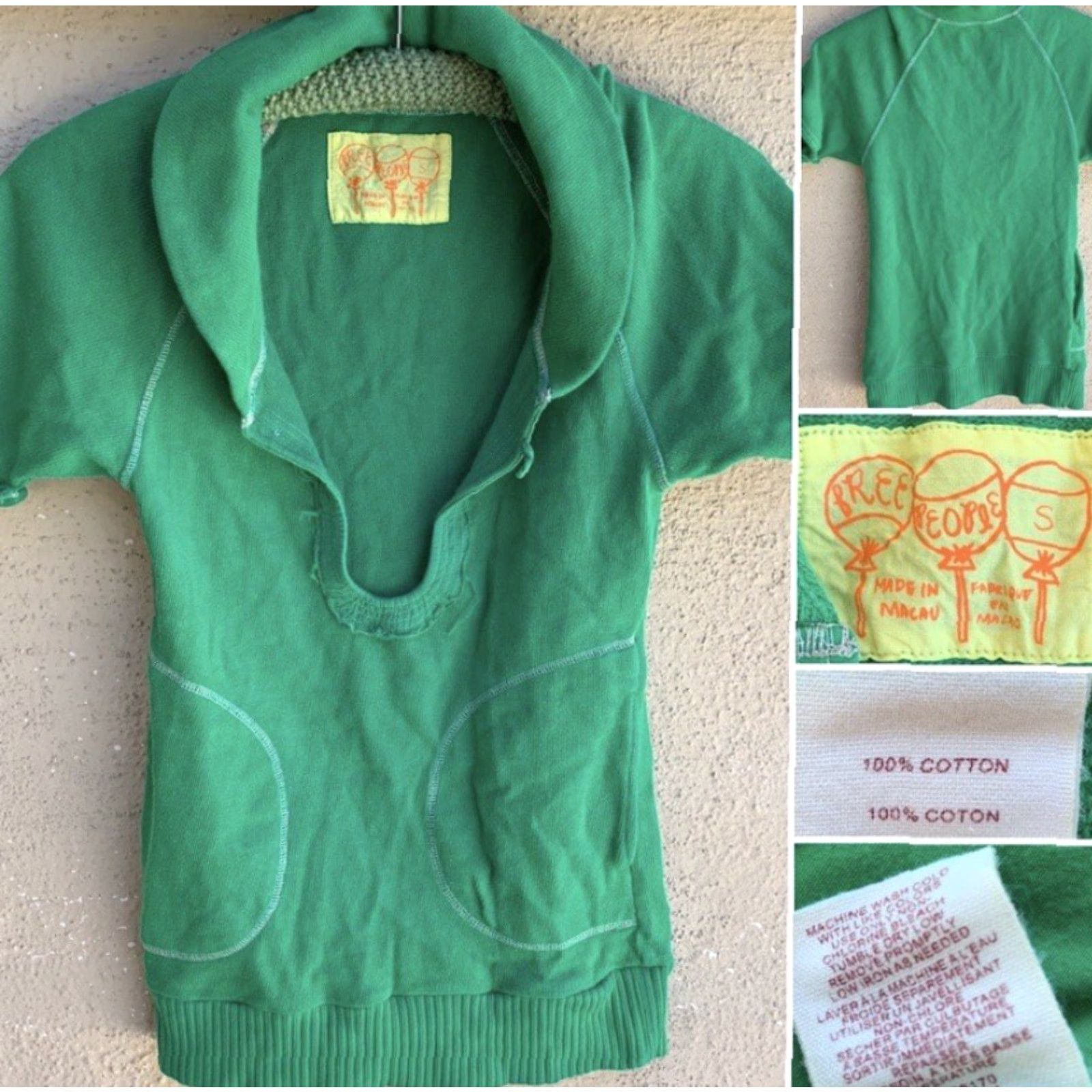 Free People Free People Top Women Short Sleeve Green S Cotton Pockets Size S / US 4 / IT 40 - 3 Thumbnail