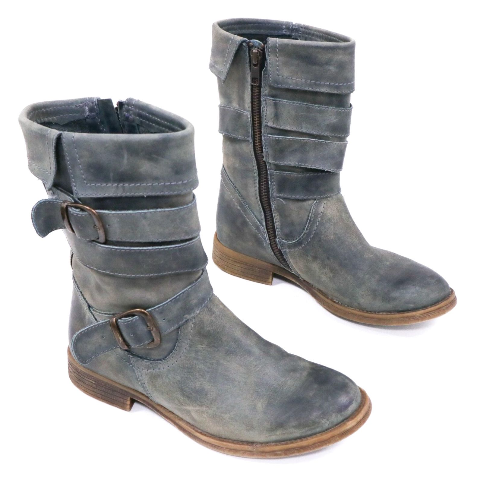 image of Bed Stu Foldover Boots Womens 6 36 Gray Blue Distressed Leather Zipper Buckle in White